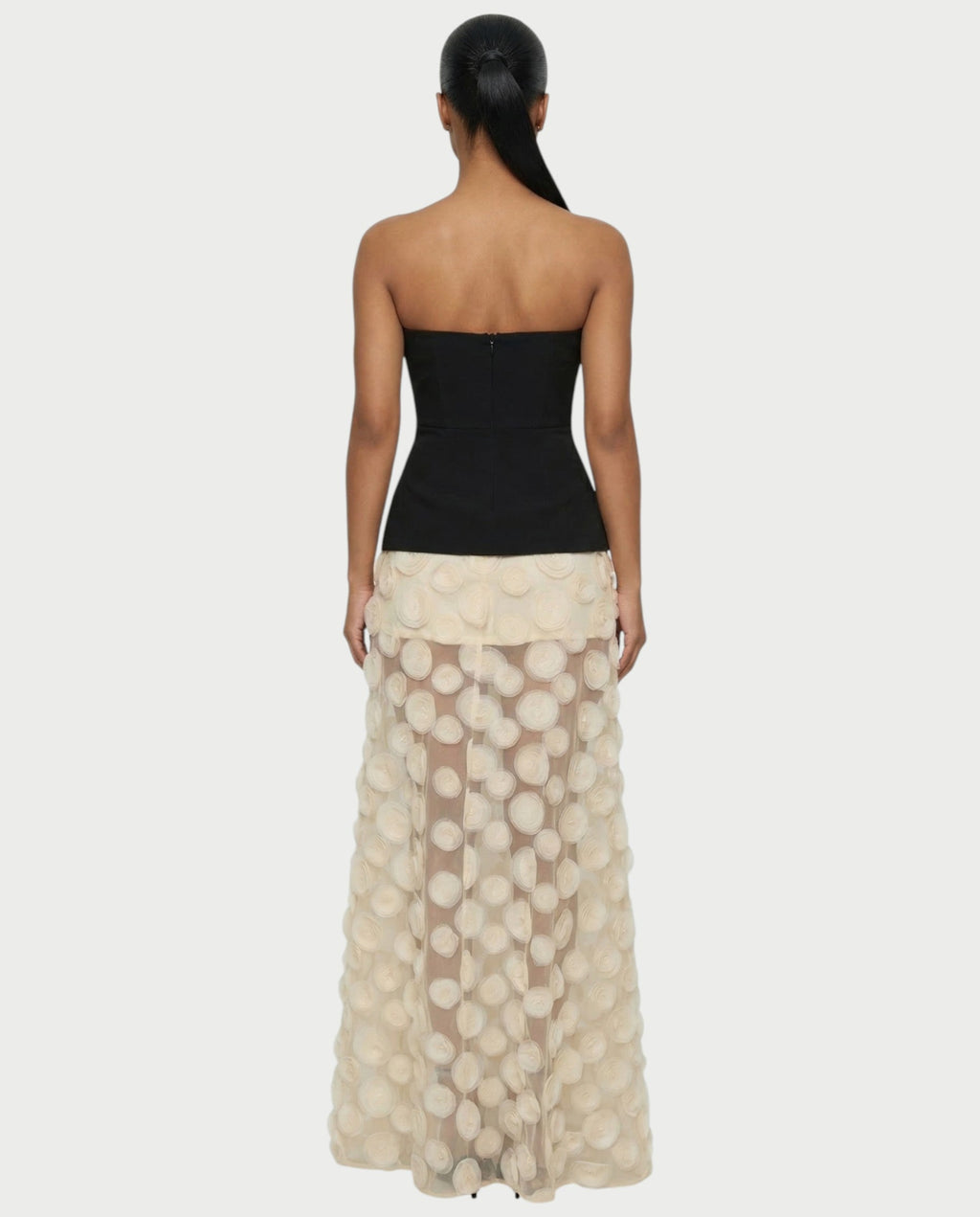 FAUNA Strapless Sheer Appliqué Maxi Dress