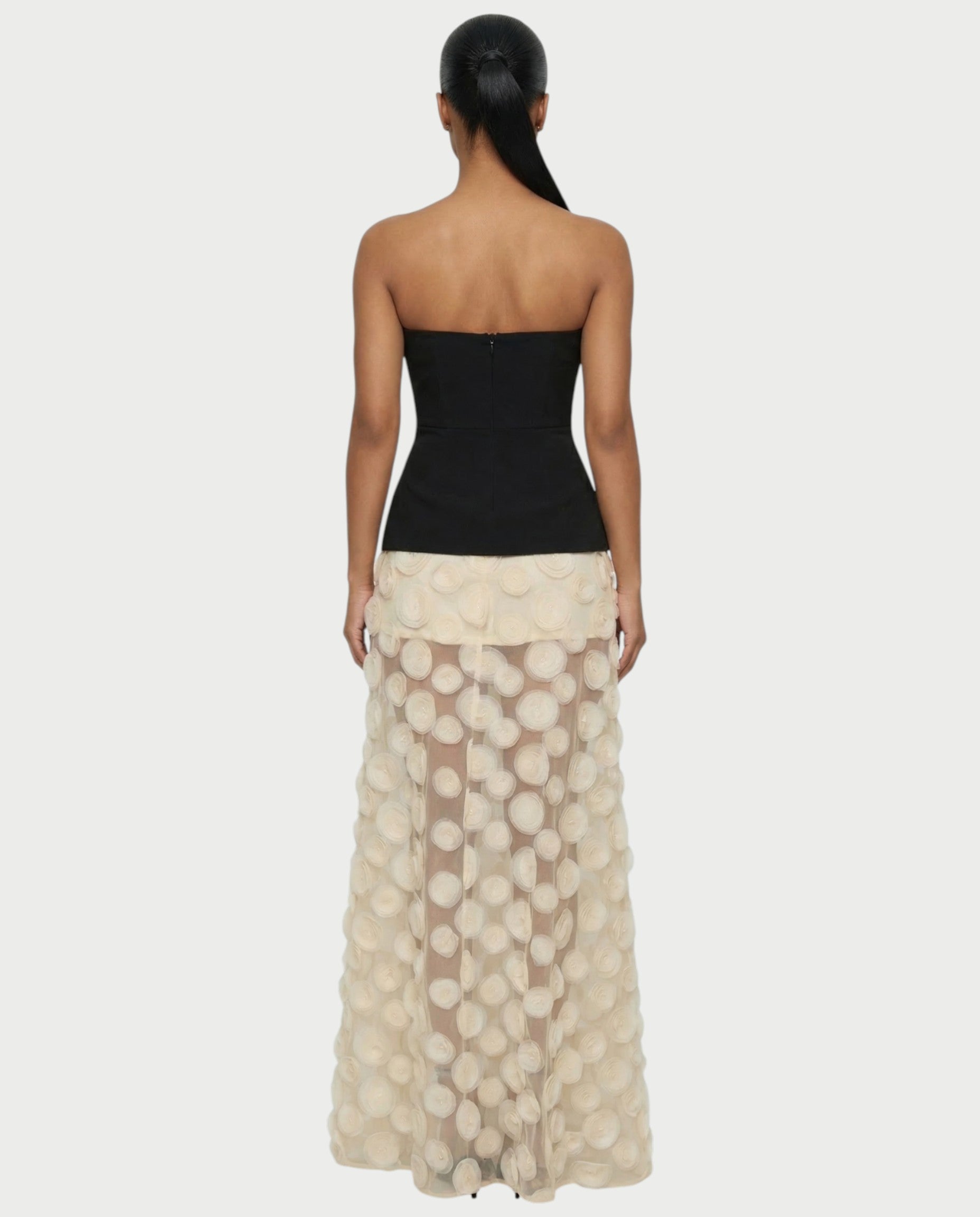 FAUNA Strapless Sheer Appliqué Maxi Dress