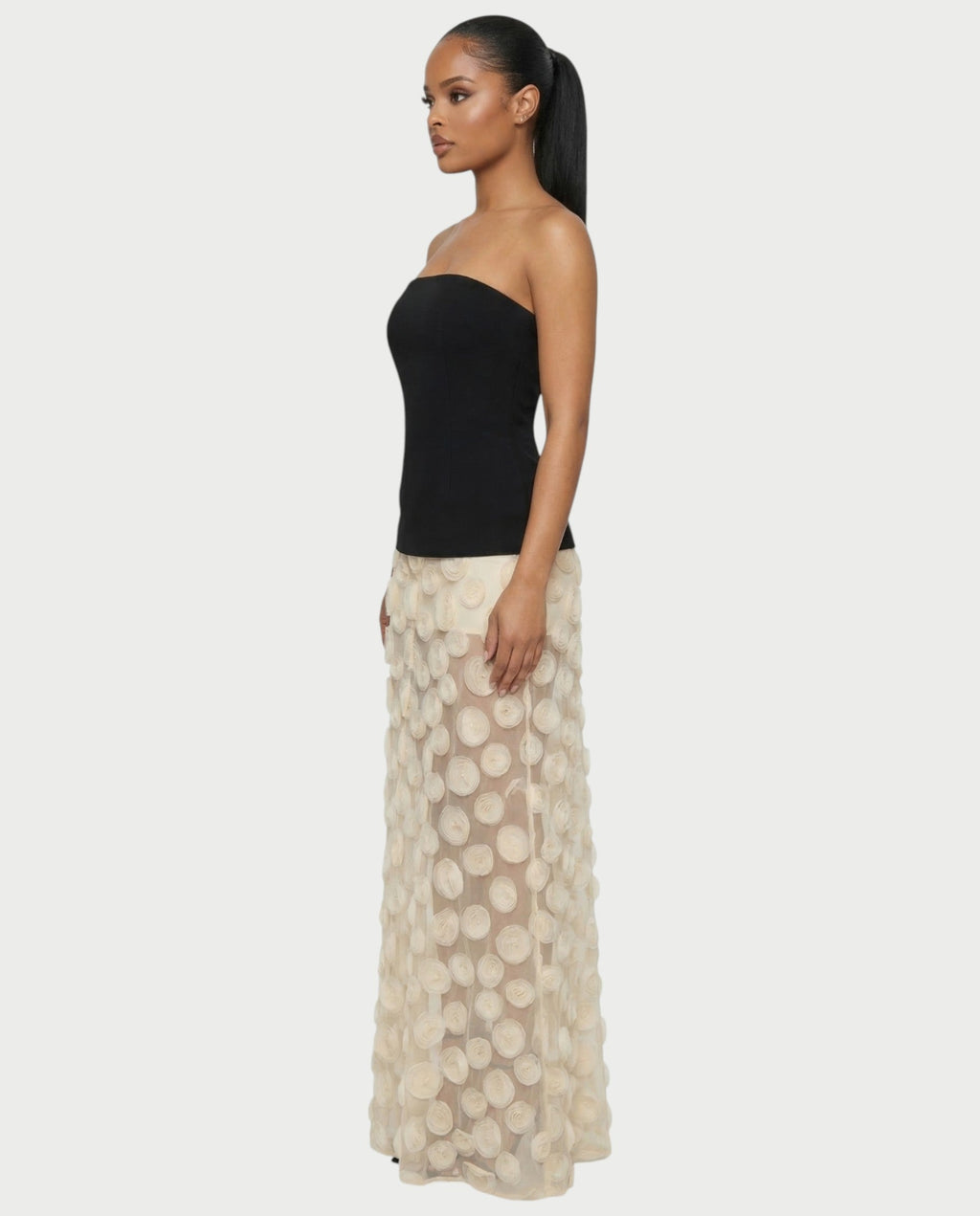 FAUNA Strapless Sheer Appliqué Maxi Dress