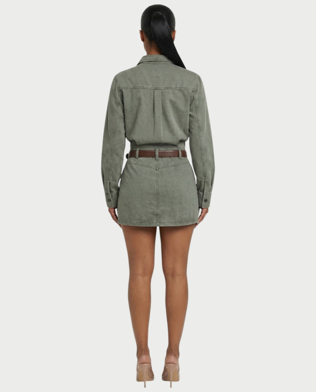 GENYA Denim Utility Pocket Button-Up Belted Mini Dress