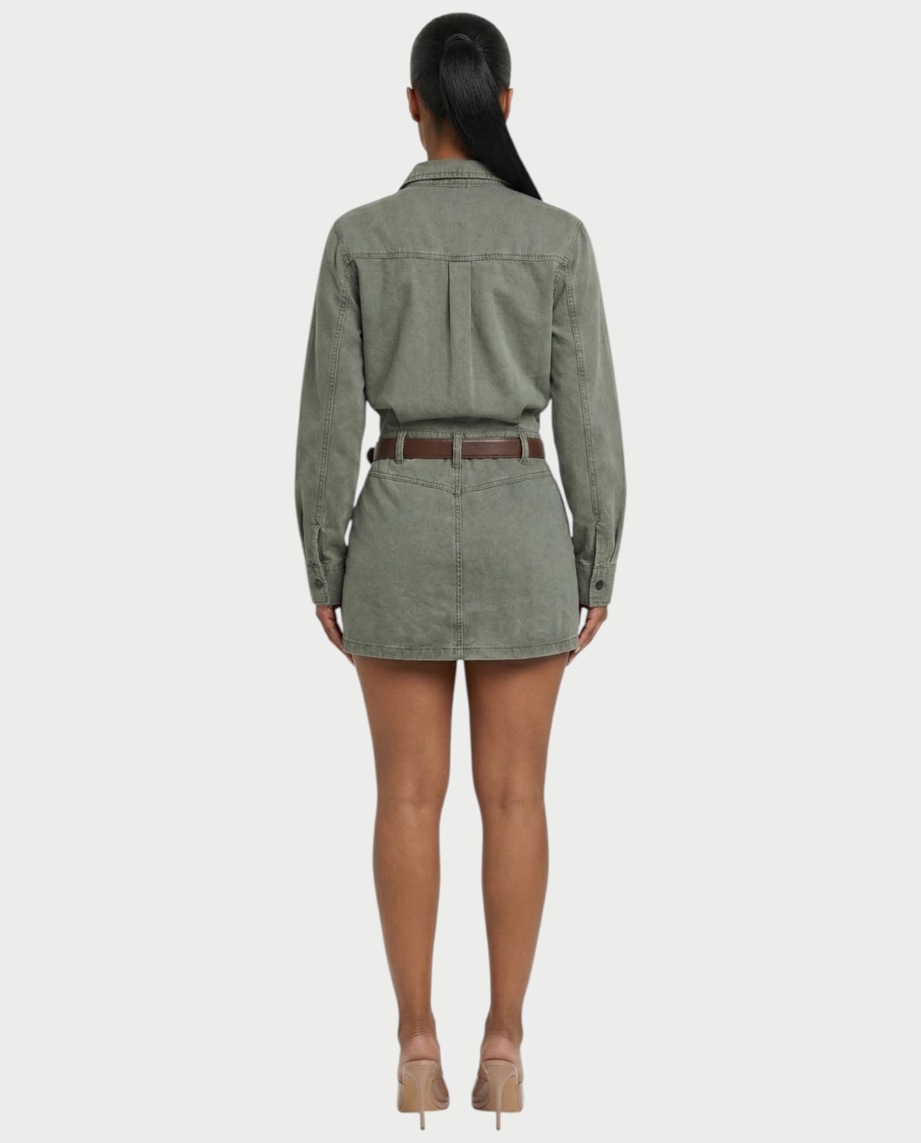 GENYA Denim Utility Pocket Button-Up Belted Mini Dress