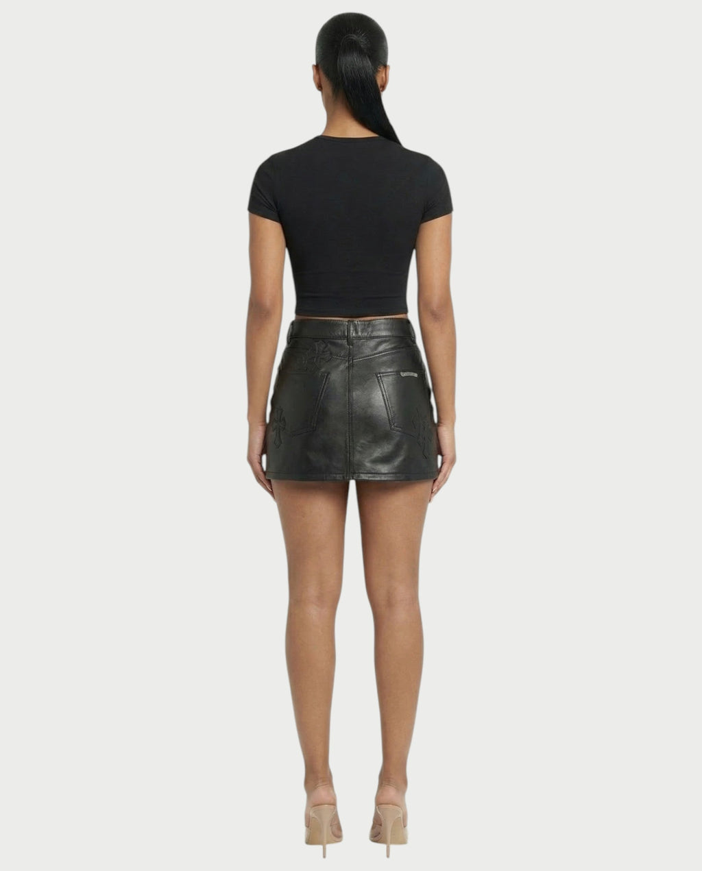 GABRINA Embossed Cross Leather Mini Skirt