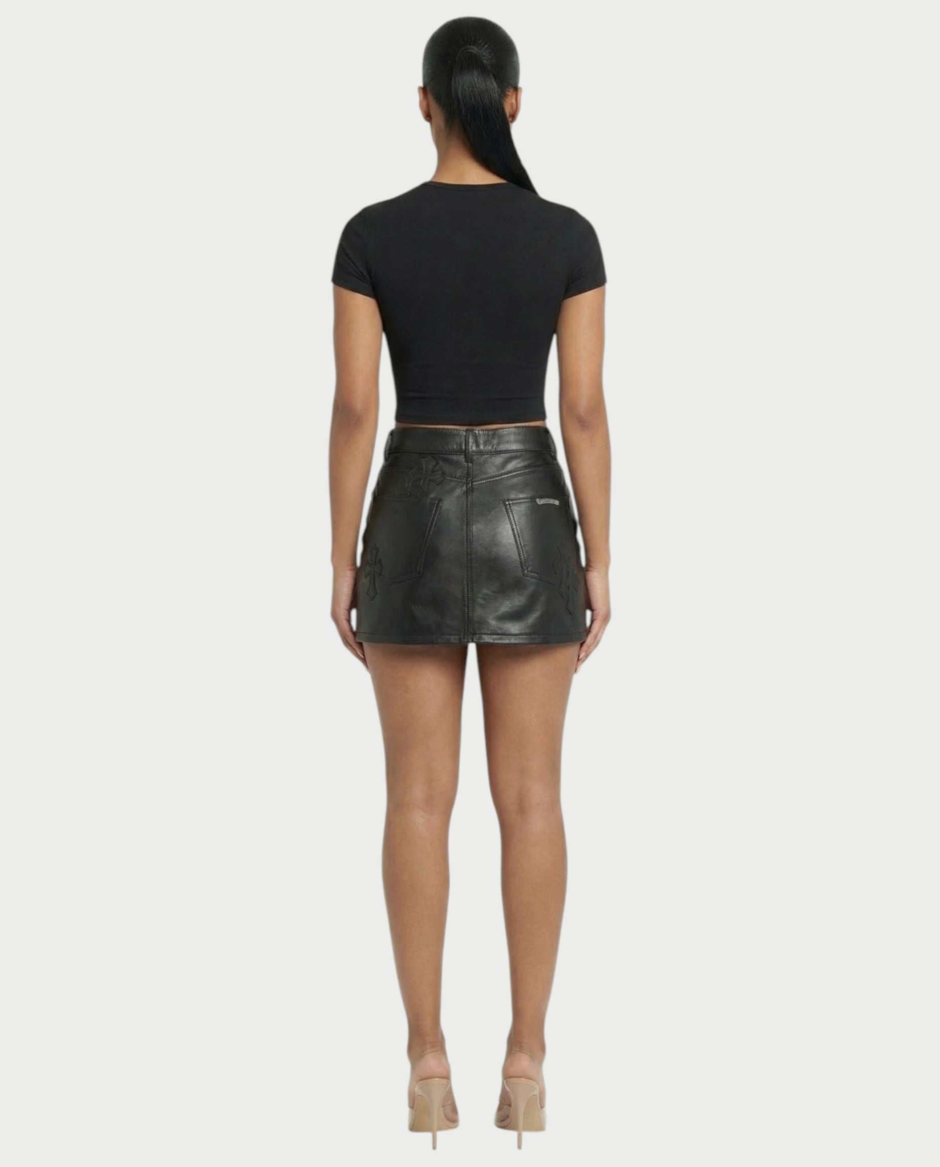 GABRINA Embossed Cross Leather Mini Skirt