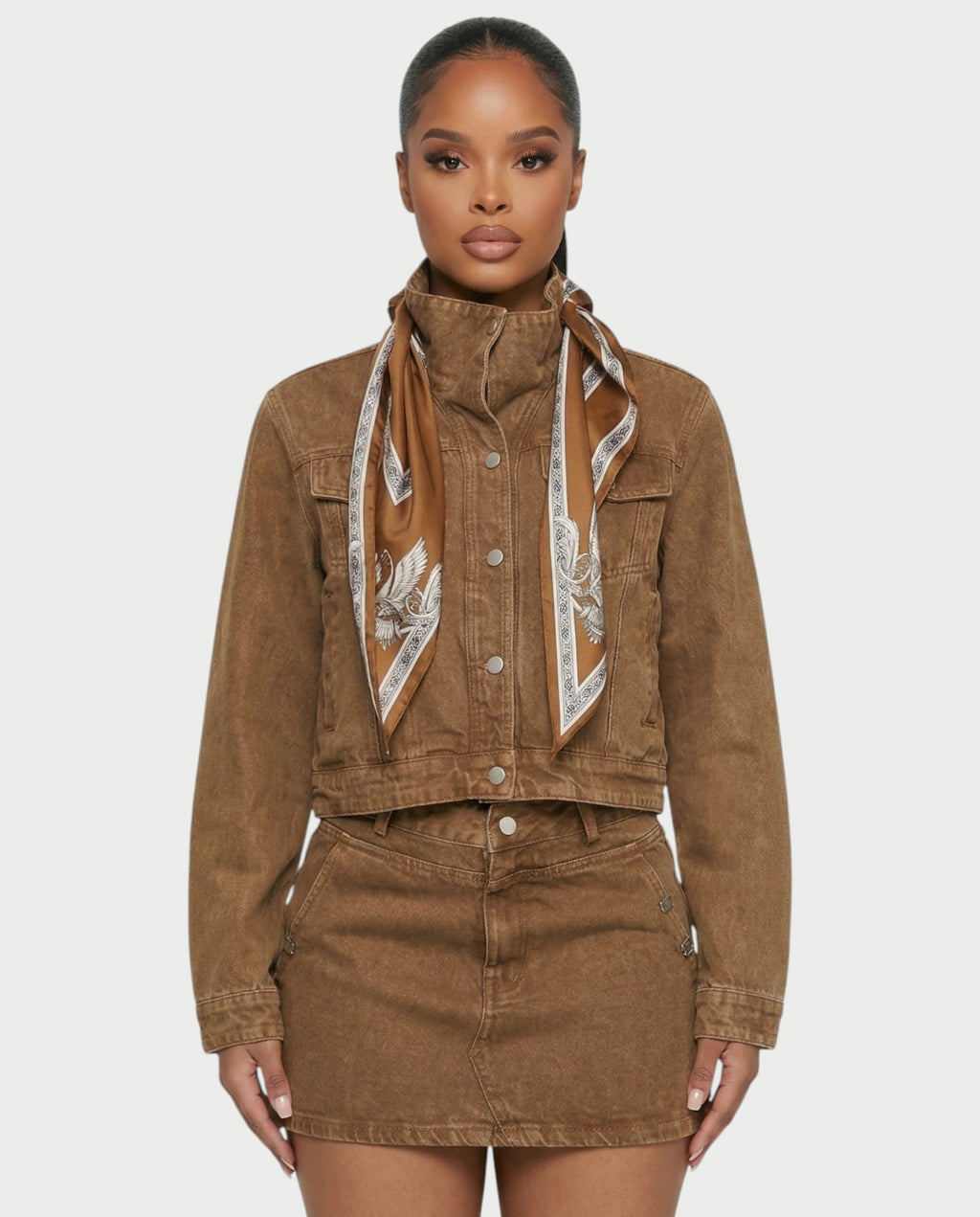 ROXIE Washed Denim Jacket with Scarf & Mini Skirt Set
