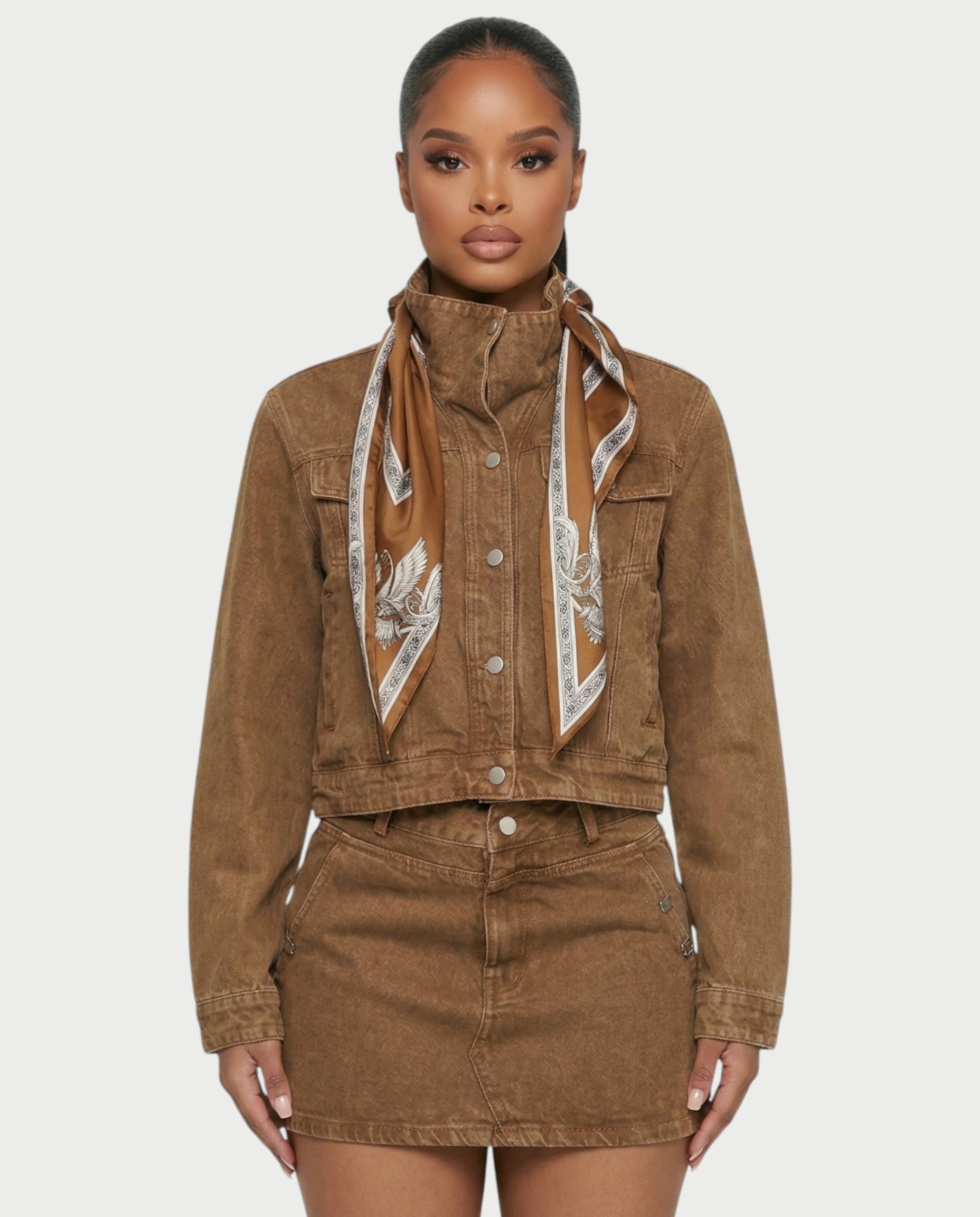 ROXIE Washed Denim Jacket with Scarf & Mini Skirt Set