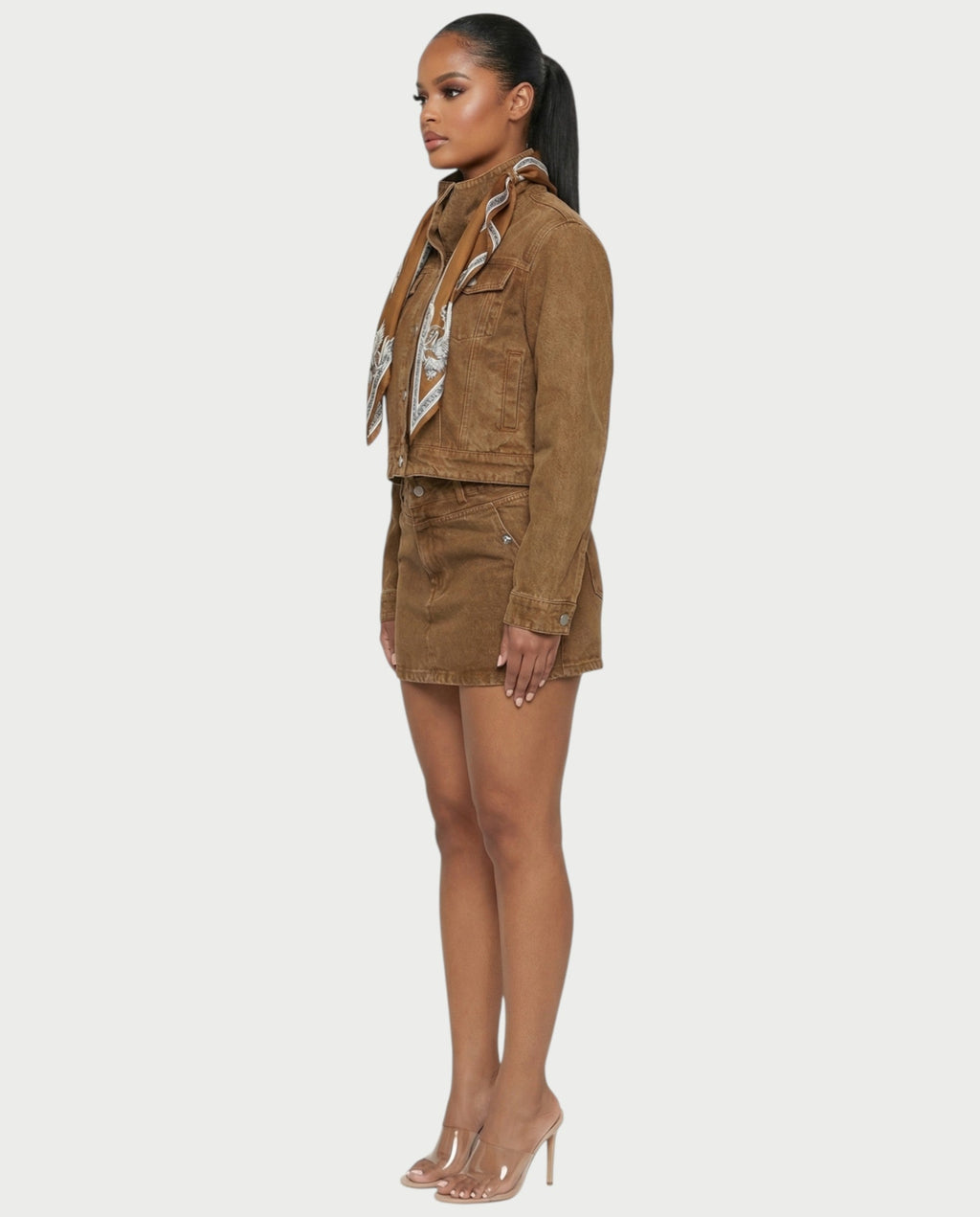ROXIE Washed Denim Jacket with Scarf & Mini Skirt Set