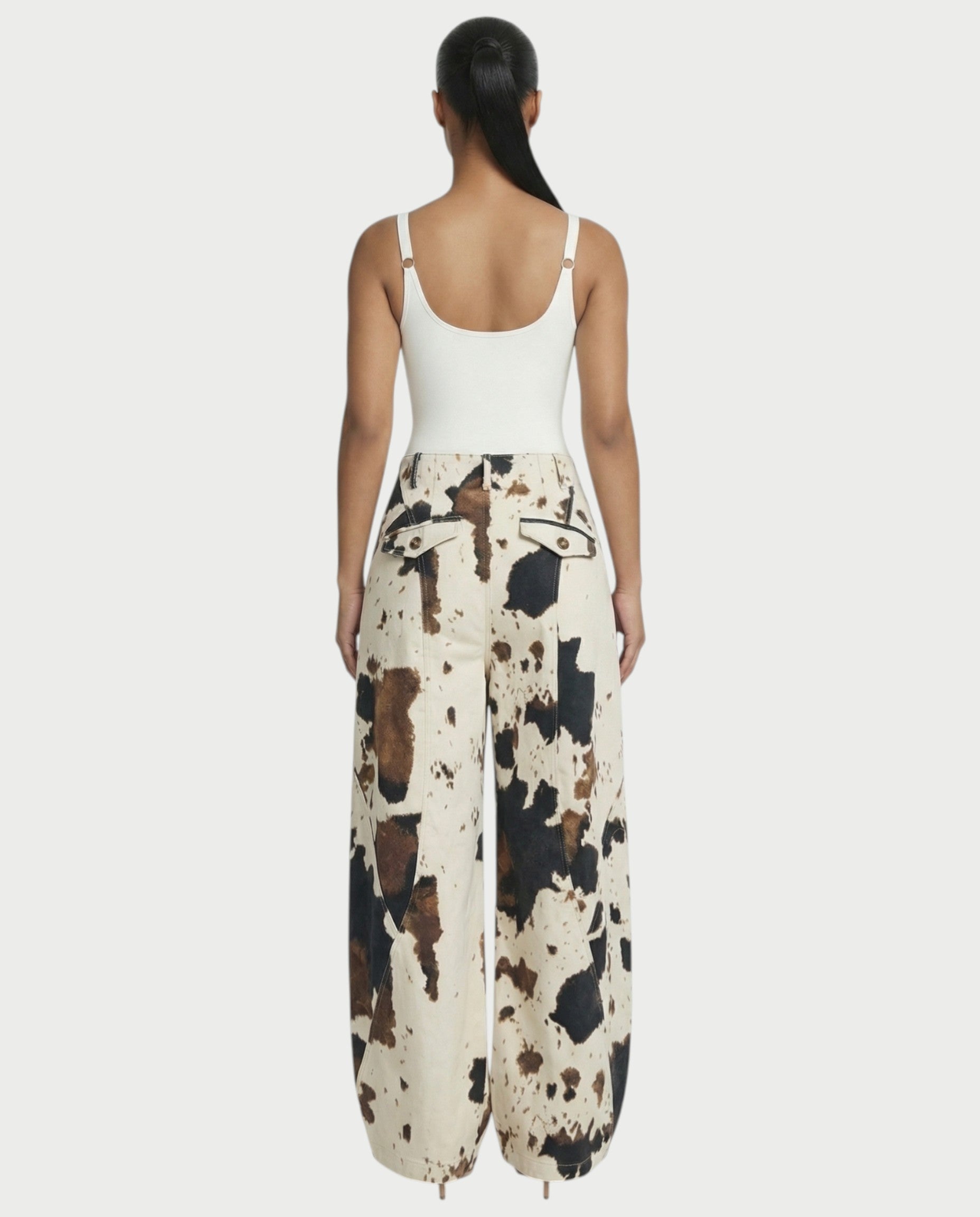 YUMINA Low-Rise Cow Print Wide Leg Pants