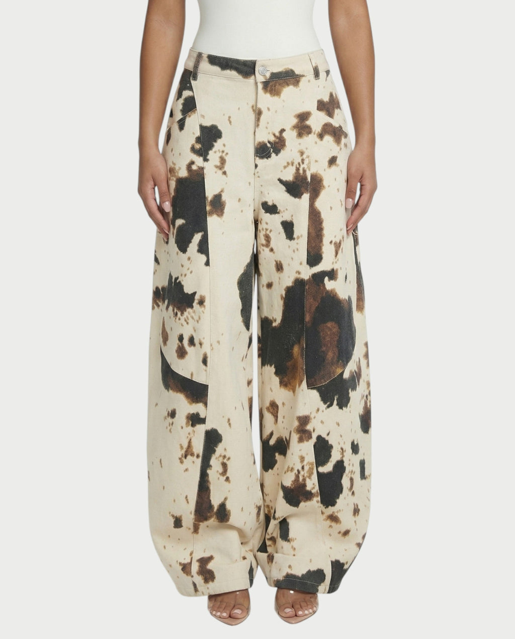 YUMINA Low-Rise Cow Print Wide Leg Pants