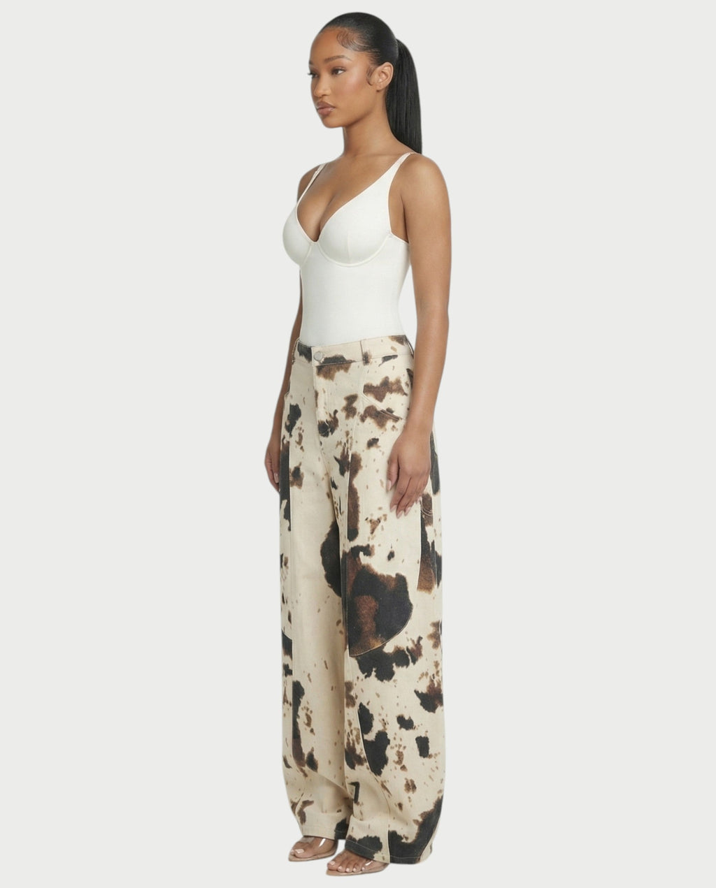 YUMINA Low-Rise Cow Print Wide Leg Pants