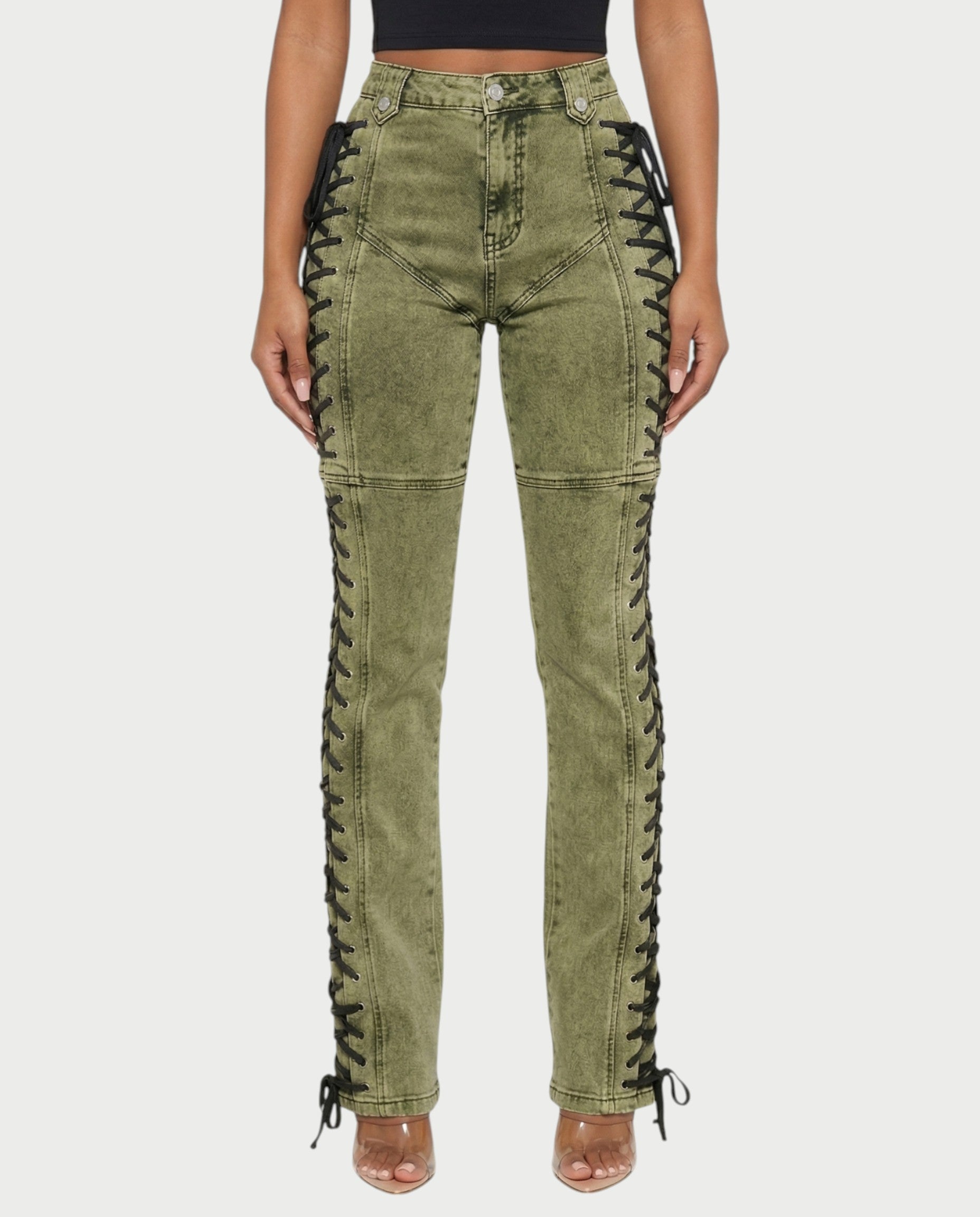 MAEVA Lace-Up Side Detail High-Waist Straight-Leg Pants