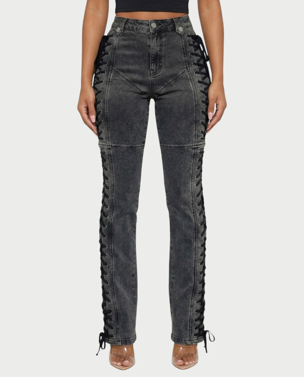 MAEVA Lace-Up Side Detail High-Waist Straight-Leg Pants
