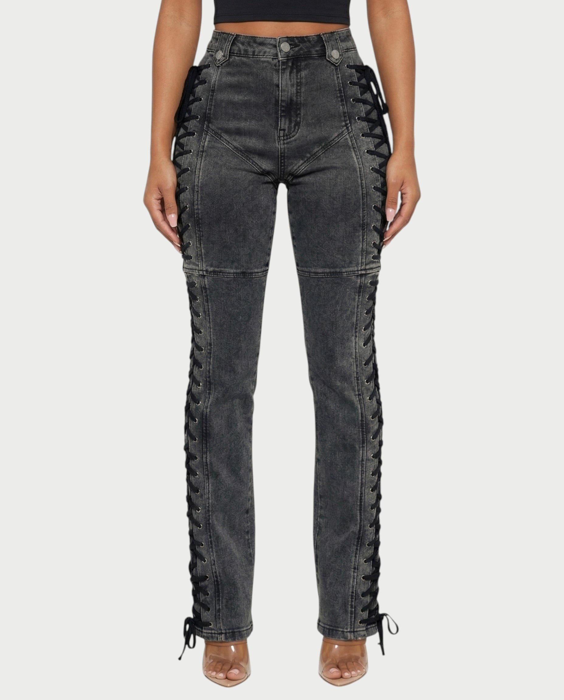 MAEVA Lace-Up Side Detail High-Waist Straight-Leg Pants