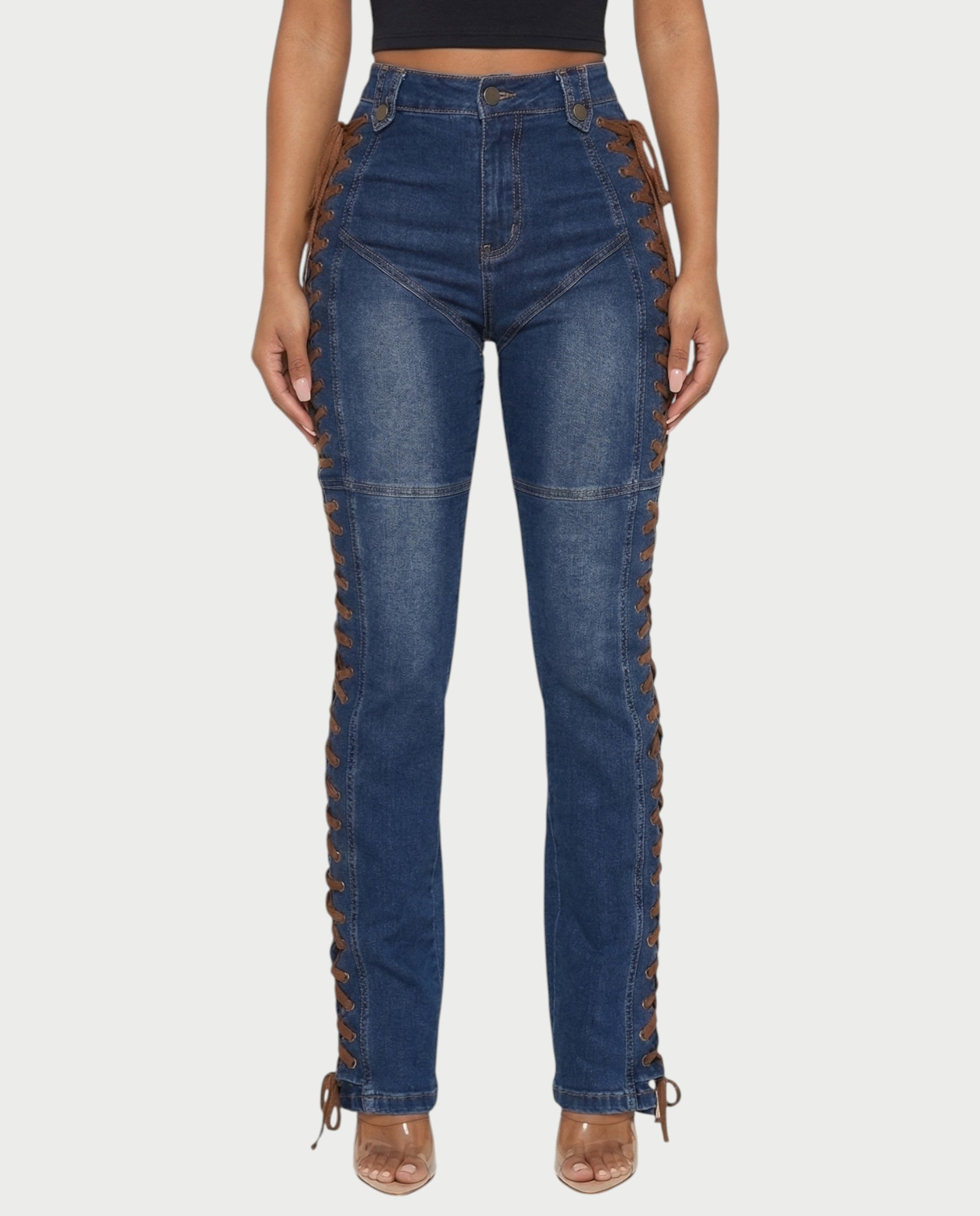 MAEVA Lace-Up Side Detail High-Waist Straight-Leg Pants