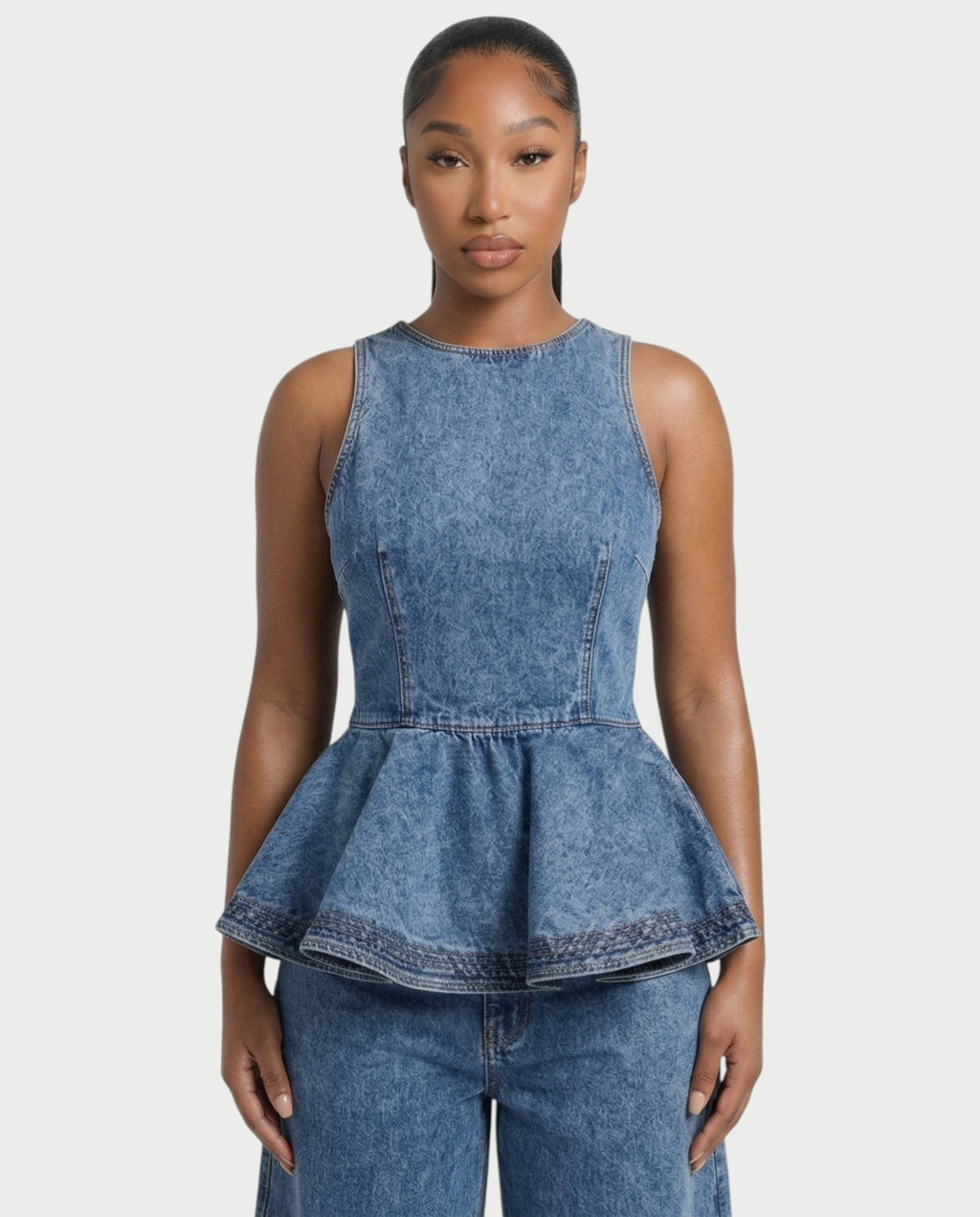 NALANI Peplum Denim Top & Wide-Leg Slit Pants Set