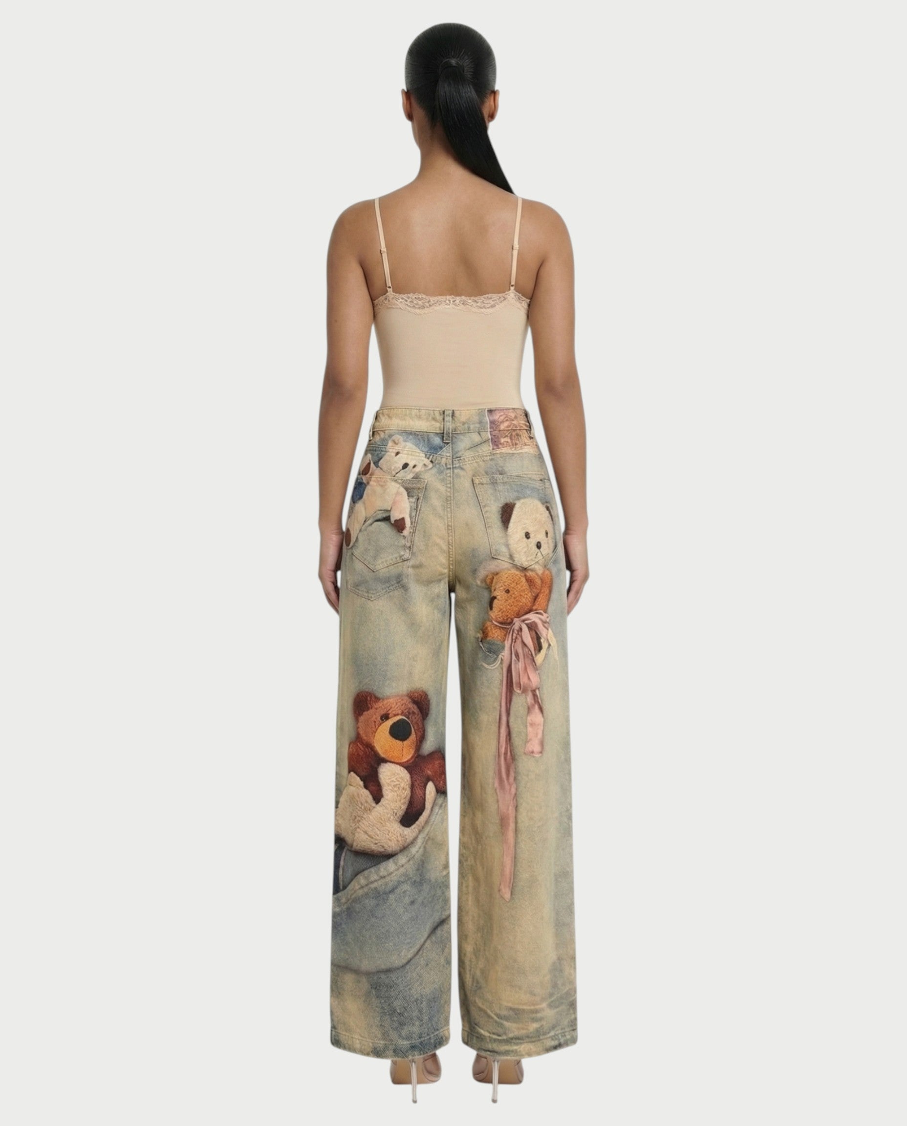 VASHA Teddy Bear Print Wide-Leg Denim Pants