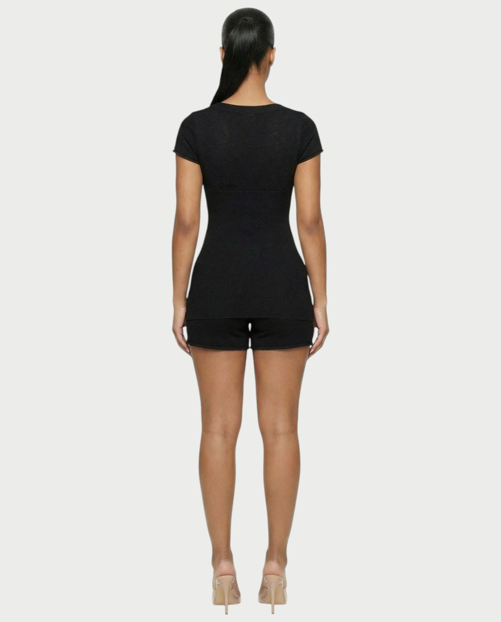 VIYERA Ribbed Button-Front Fitted Top & Shorts Set