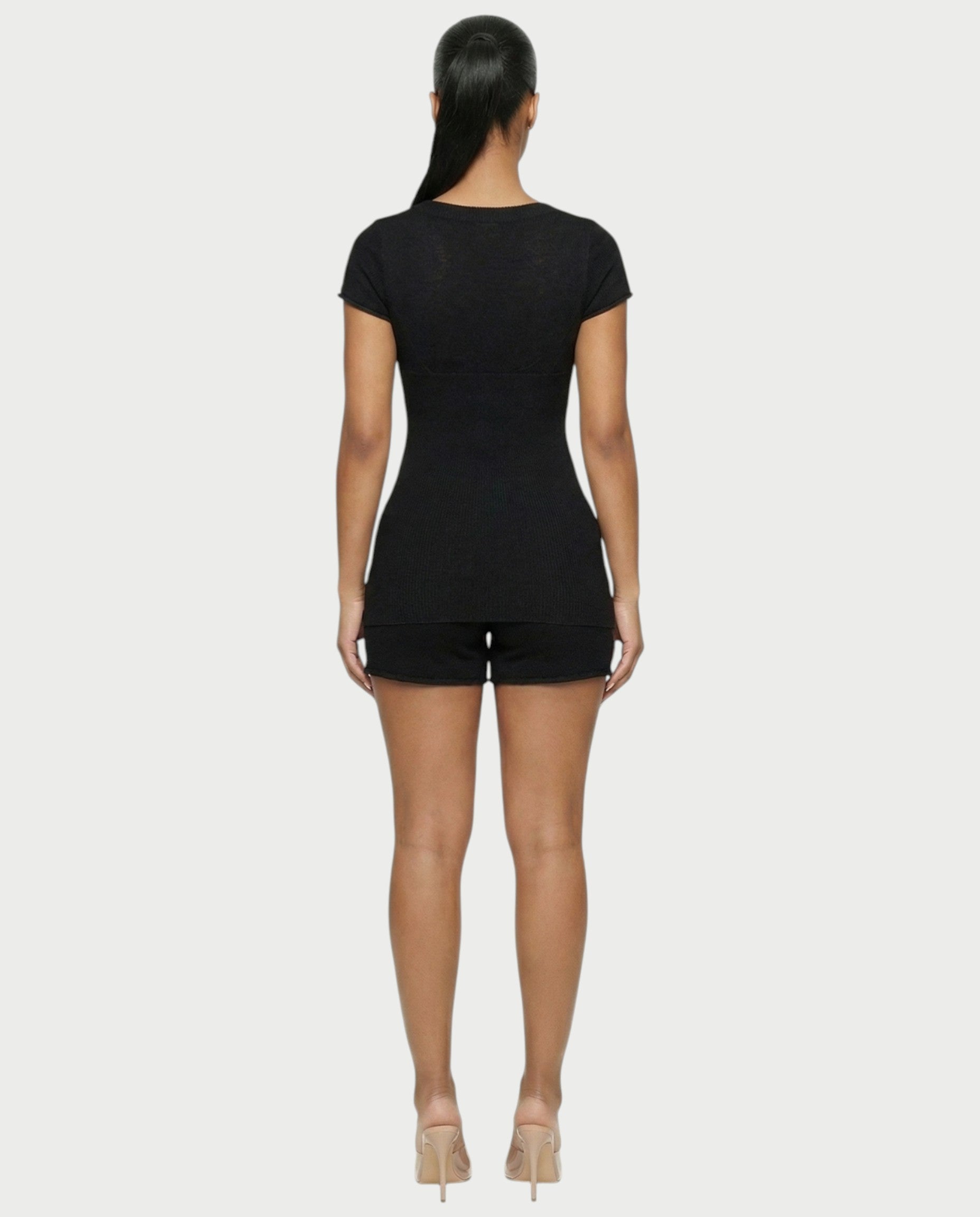 VIYERA Ribbed Button-Front Fitted Top & Shorts Set