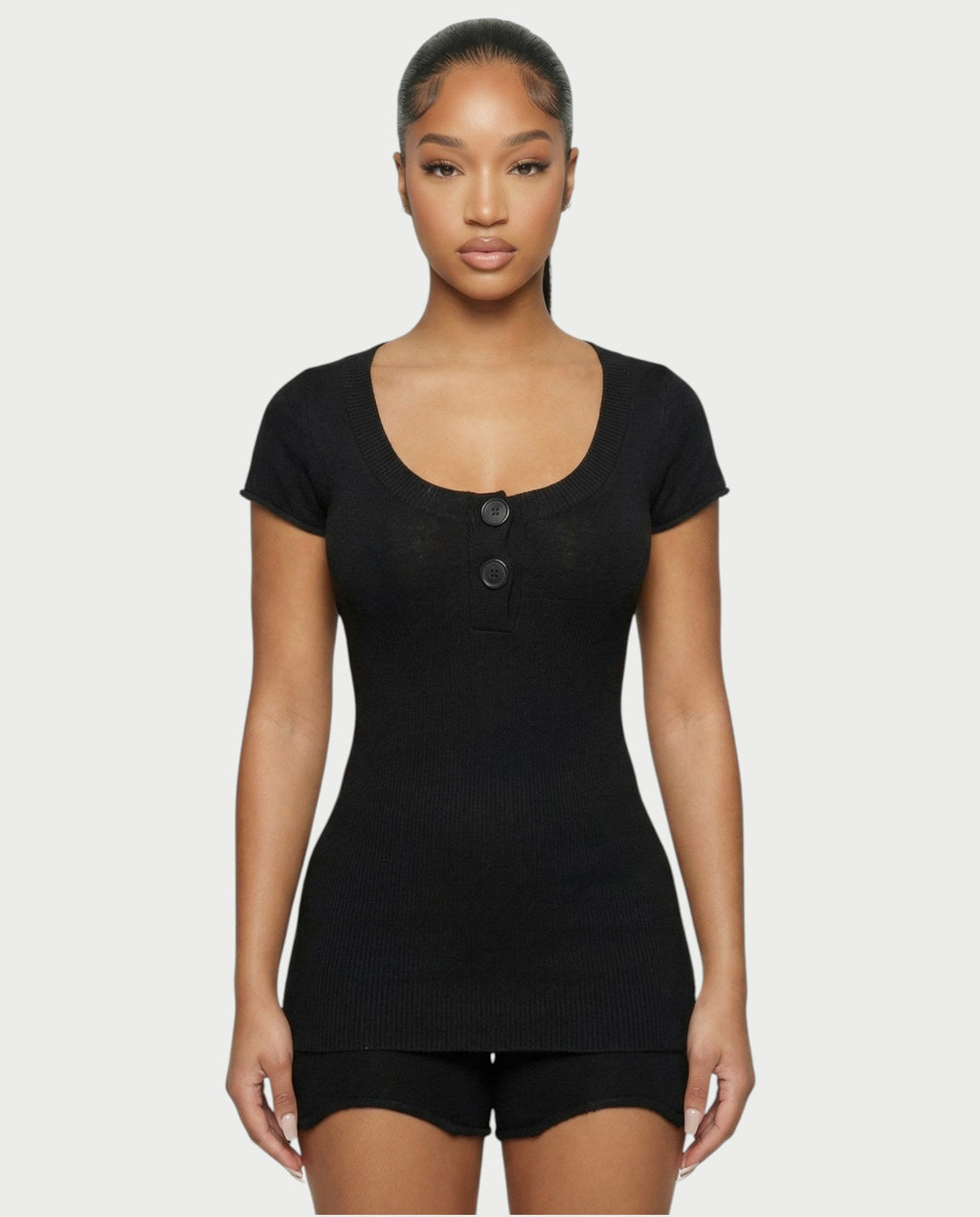 VIYERA Ribbed Button-Front Fitted Top & Shorts Set