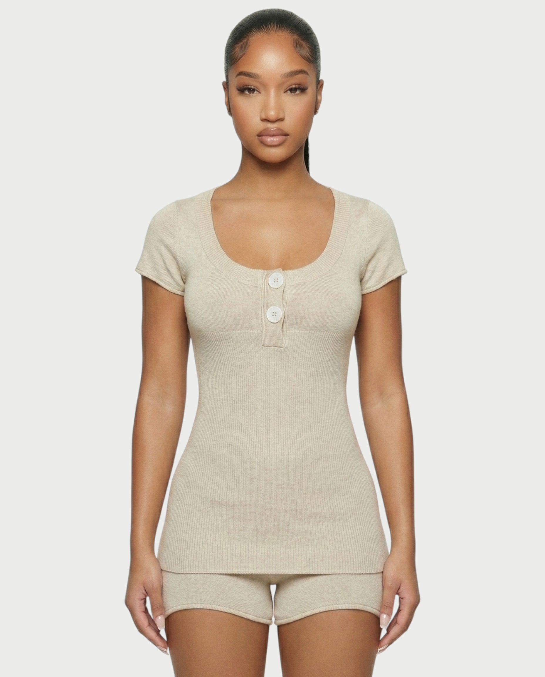 VIYERA Ribbed Button-Front Fitted Top & Shorts Set