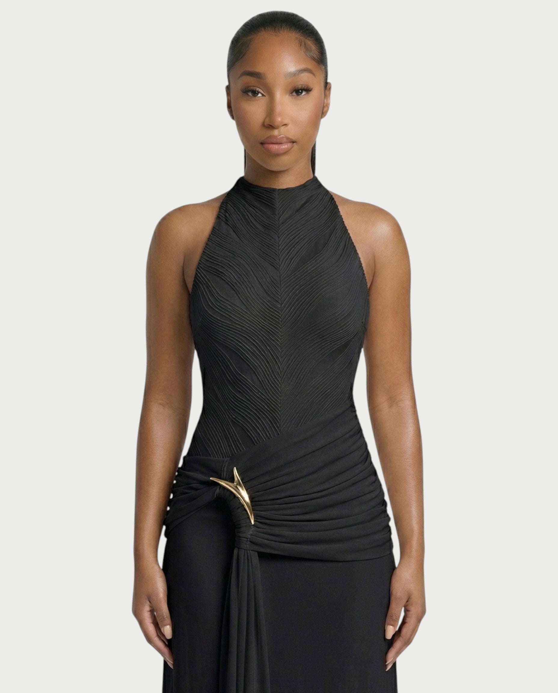 ANIYA Halter Draped A Line Maxi Dress