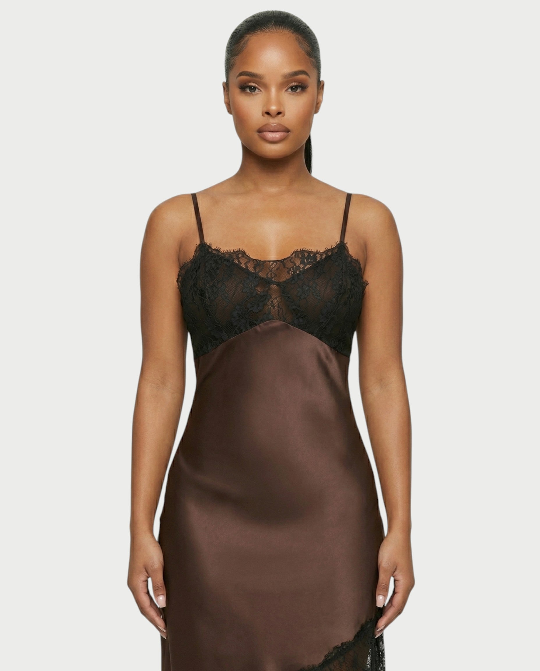KARISA Sheer Lace Satin Midi Dress
