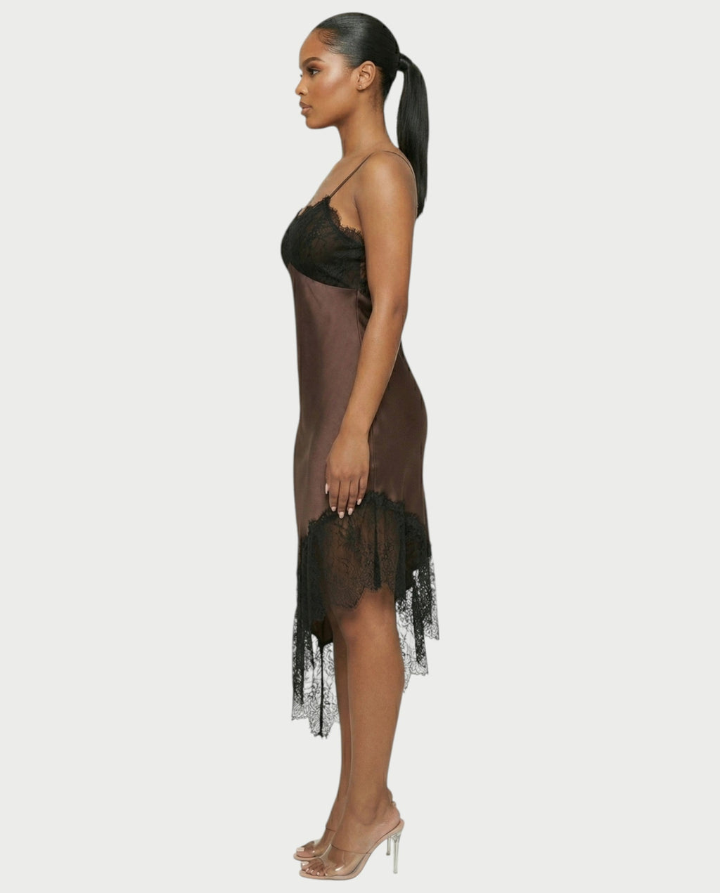KARISA Sheer Lace Satin Midi Dress
