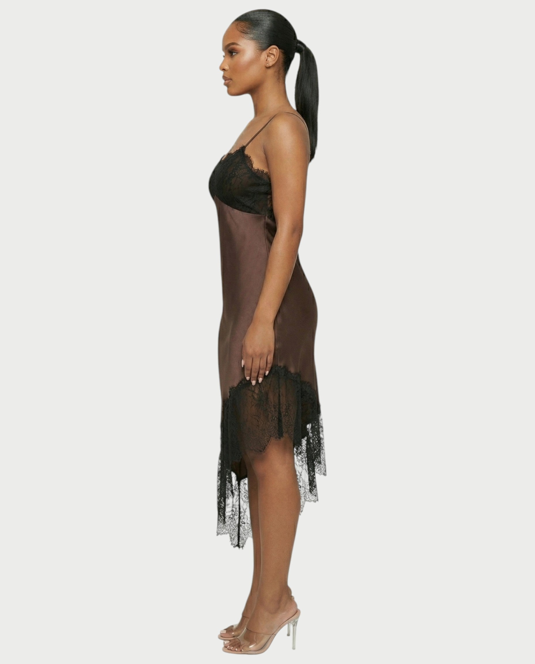 KARISA Sheer Lace Satin Midi Dress
