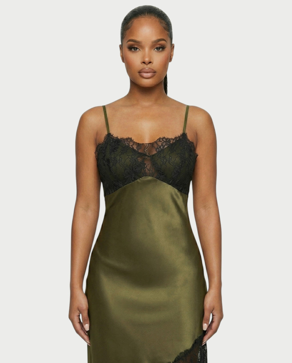 KARISA Sheer Lace Satin Midi Dress