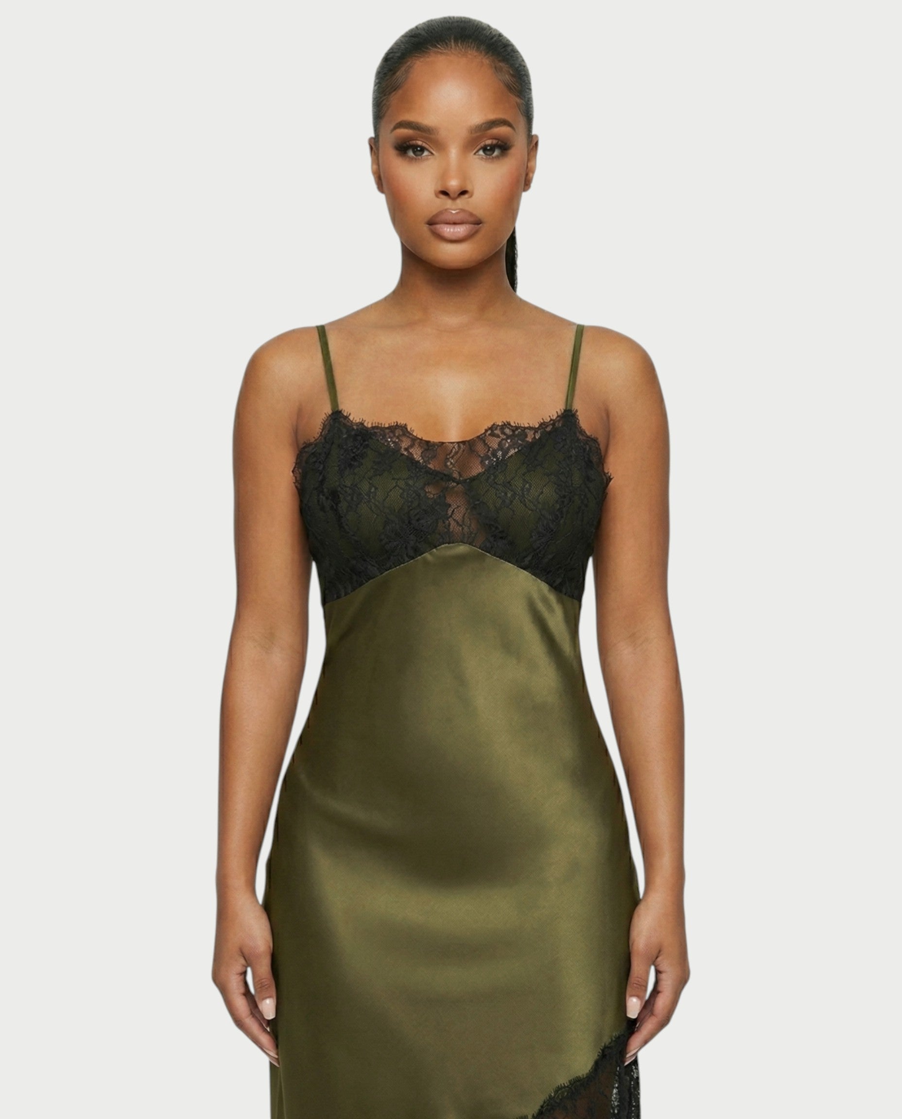 KARISA Sheer Lace Satin Midi Dress