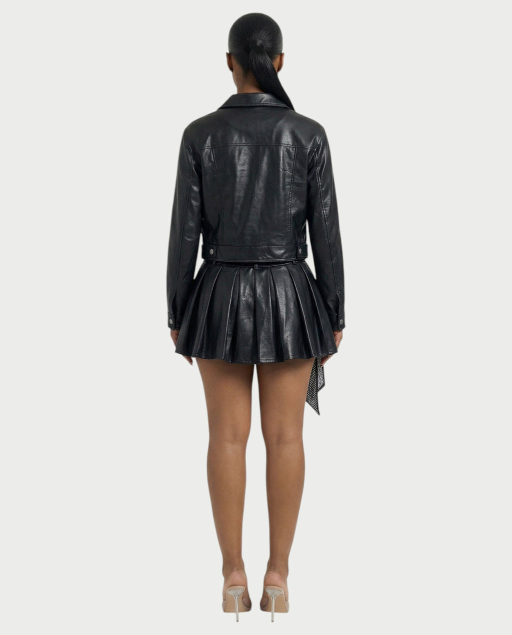 REVIA Faux Leather Jacket & Pleated Mini Skirt Set