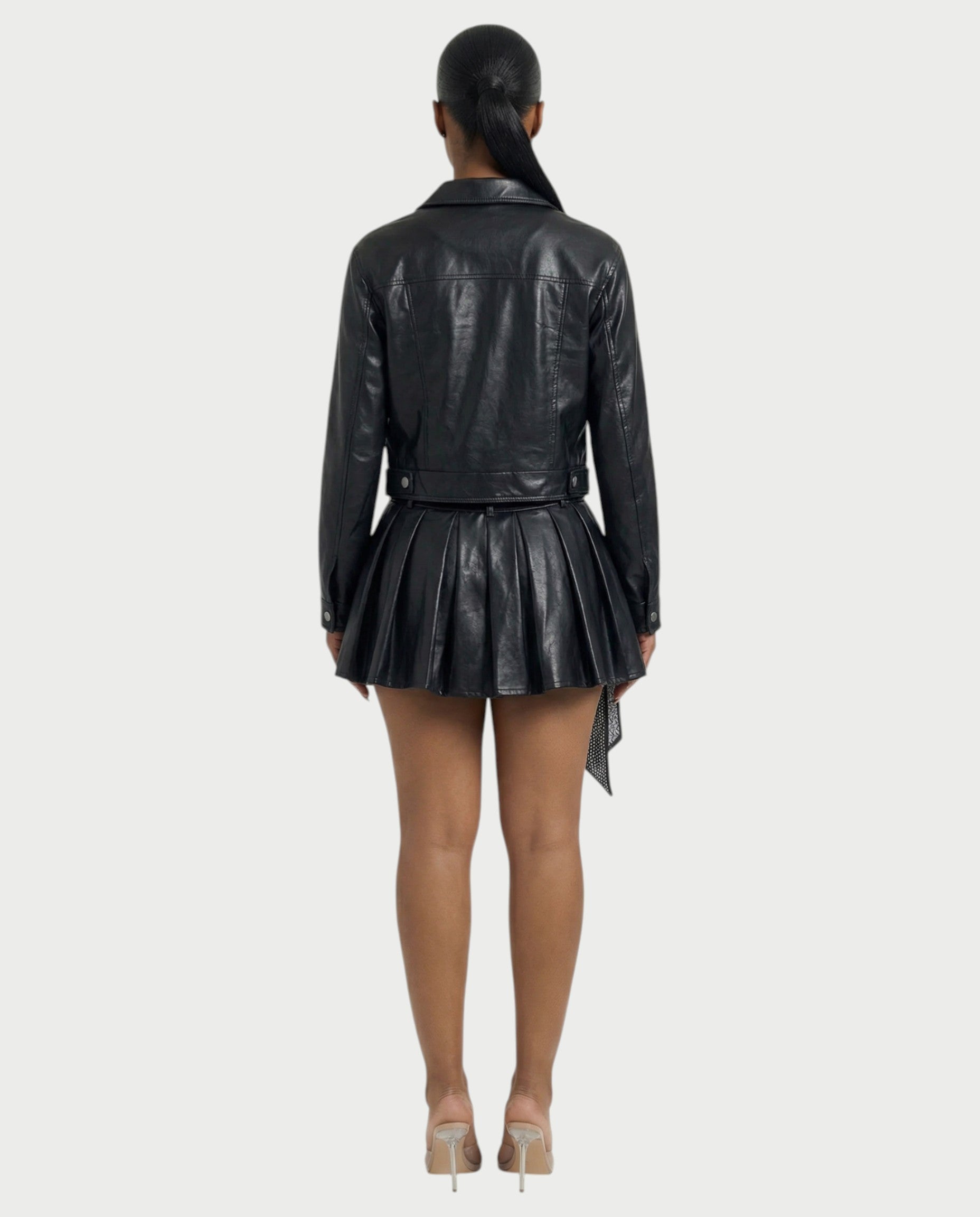 REVIA Faux Leather Jacket & Pleated Mini Skirt Set