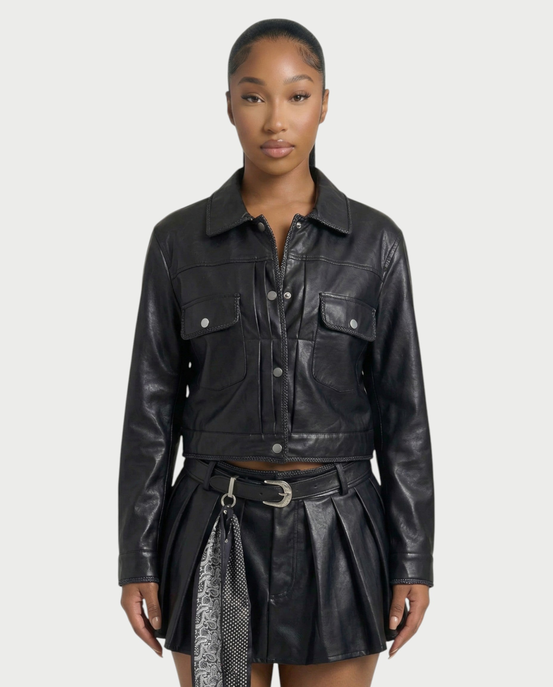 REVIA Faux Leather Jacket & Pleated Mini Skirt Set
