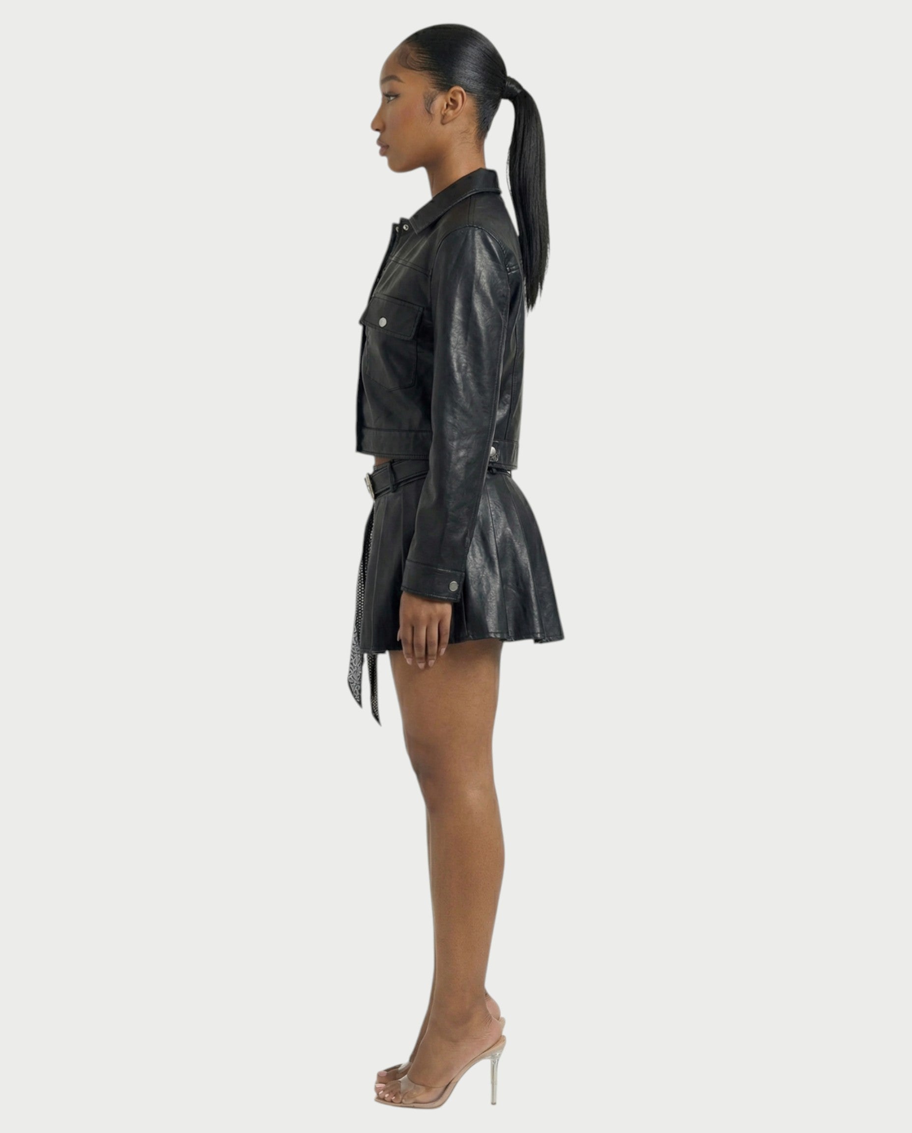 REVIA Faux Leather Jacket & Pleated Mini Skirt Set