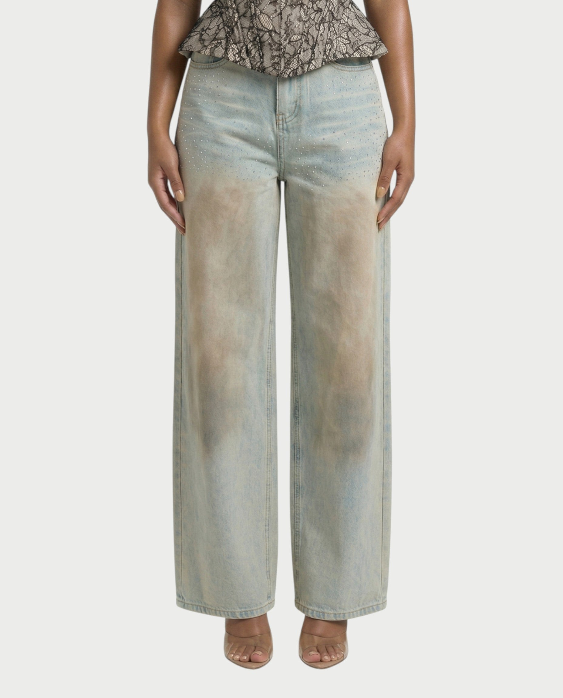 JASIRA Crystal-Studded Wide-Leg Denim Pants