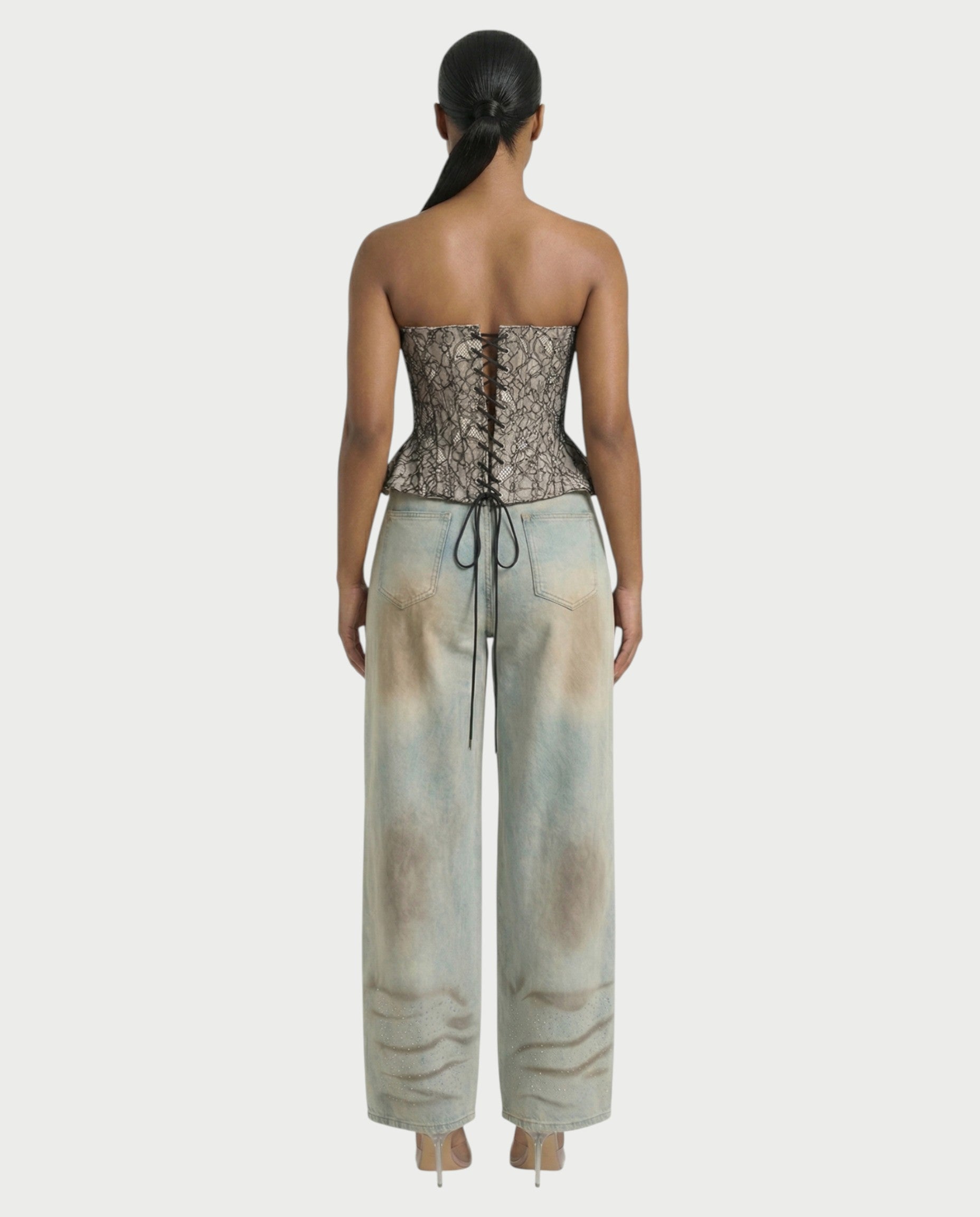 JASIRA Crystal-Studded Wide-Leg Denim Pants