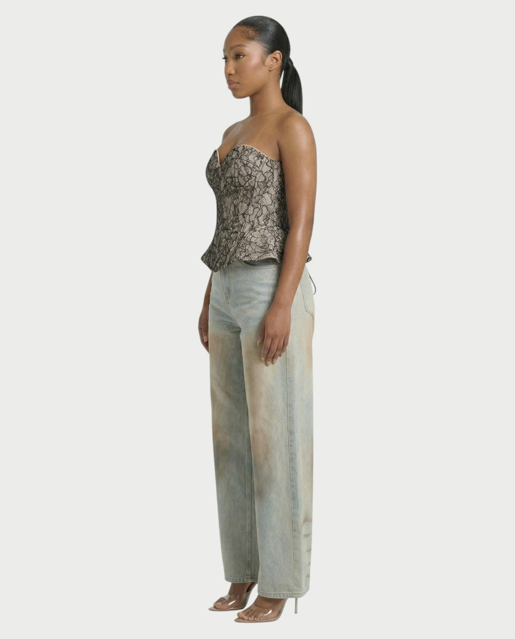 JASIRA Crystal-Studded Wide-Leg Denim Pants