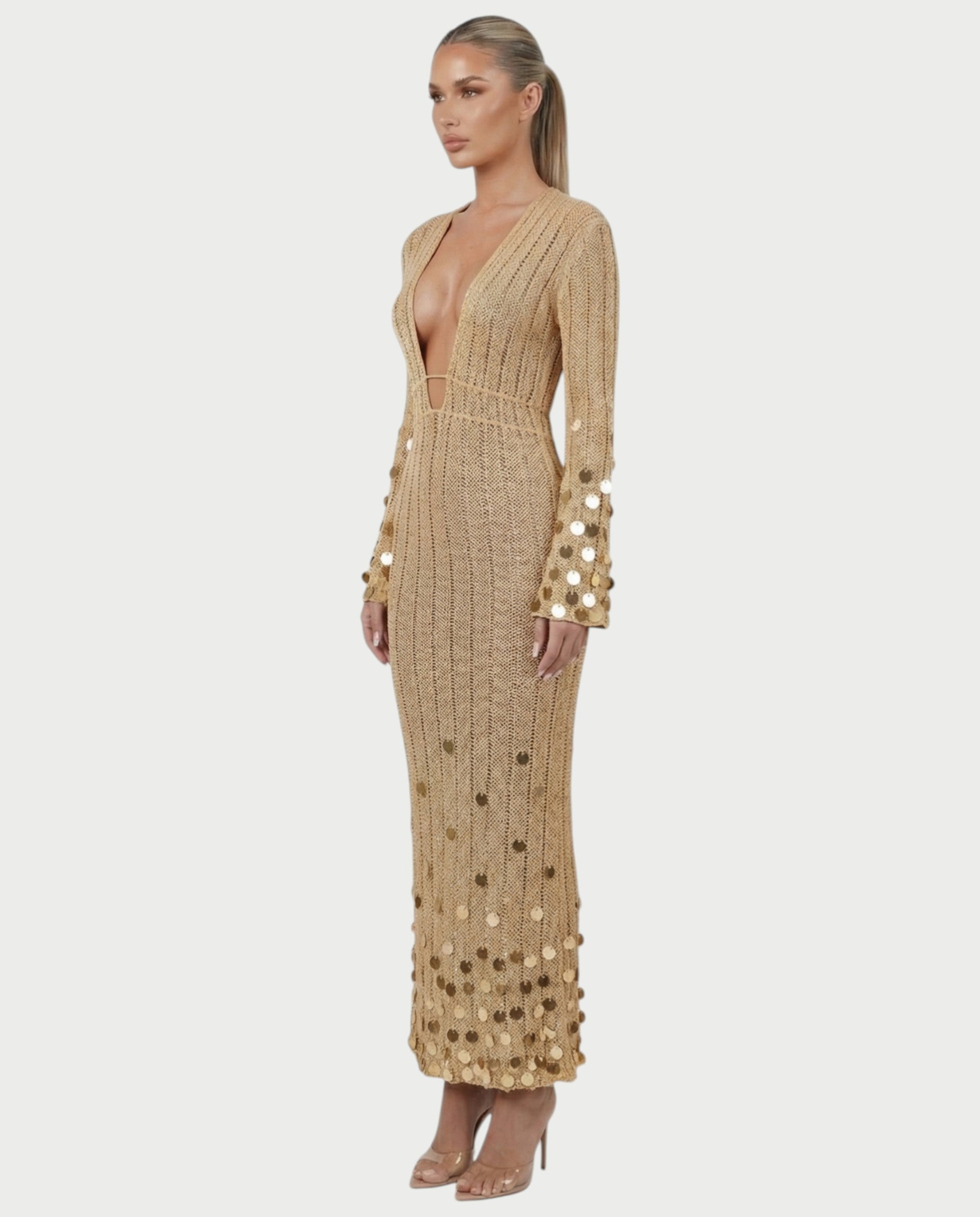 LERAYA Deep Plunge Knit Sequin Maxi Dress