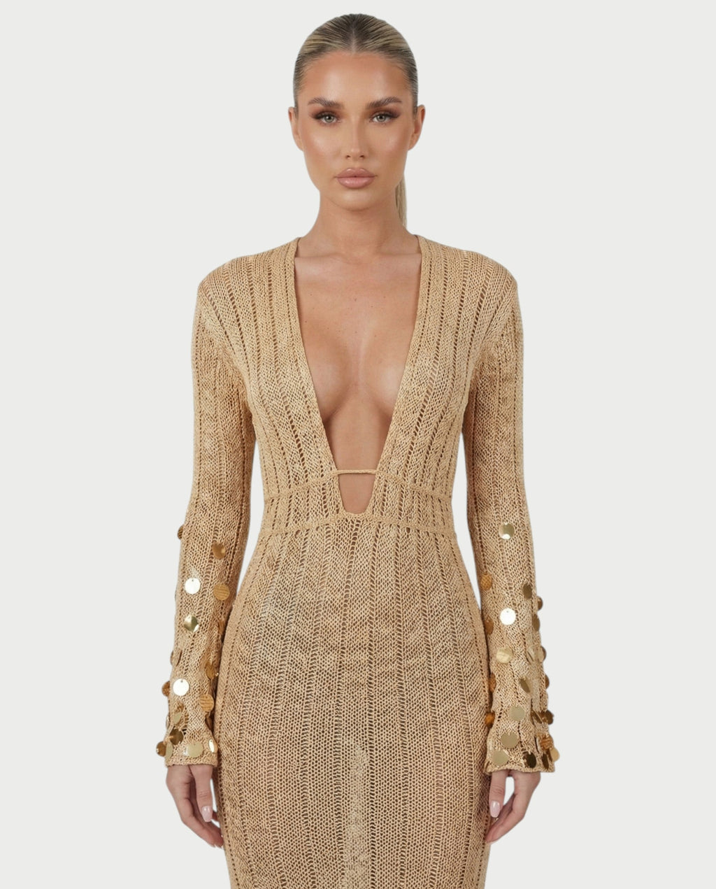 LERAYA Deep Plunge Knit Sequin Maxi Dress