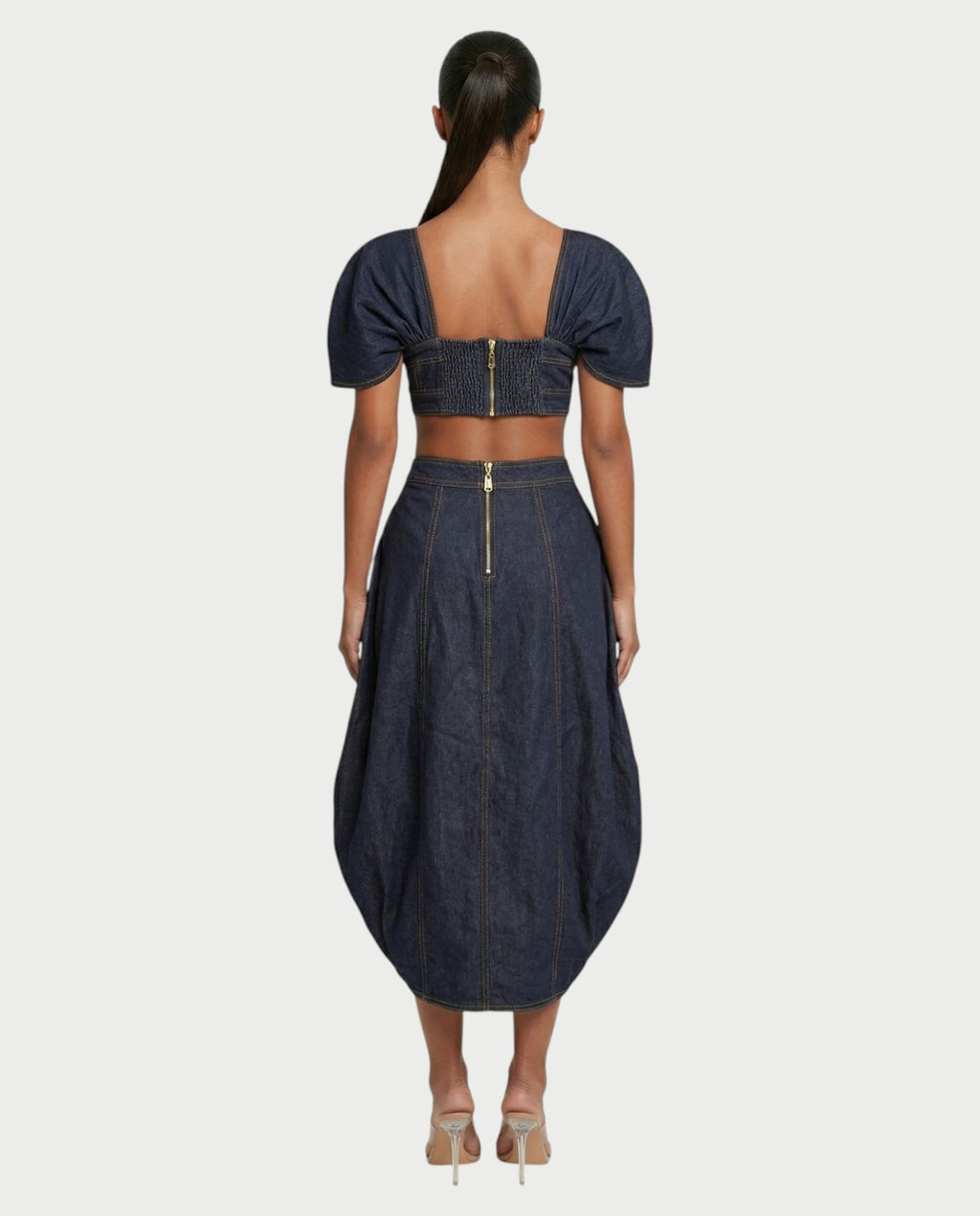 SOWIE Denim Puff Sleeve Top & Ruched Skirt Set