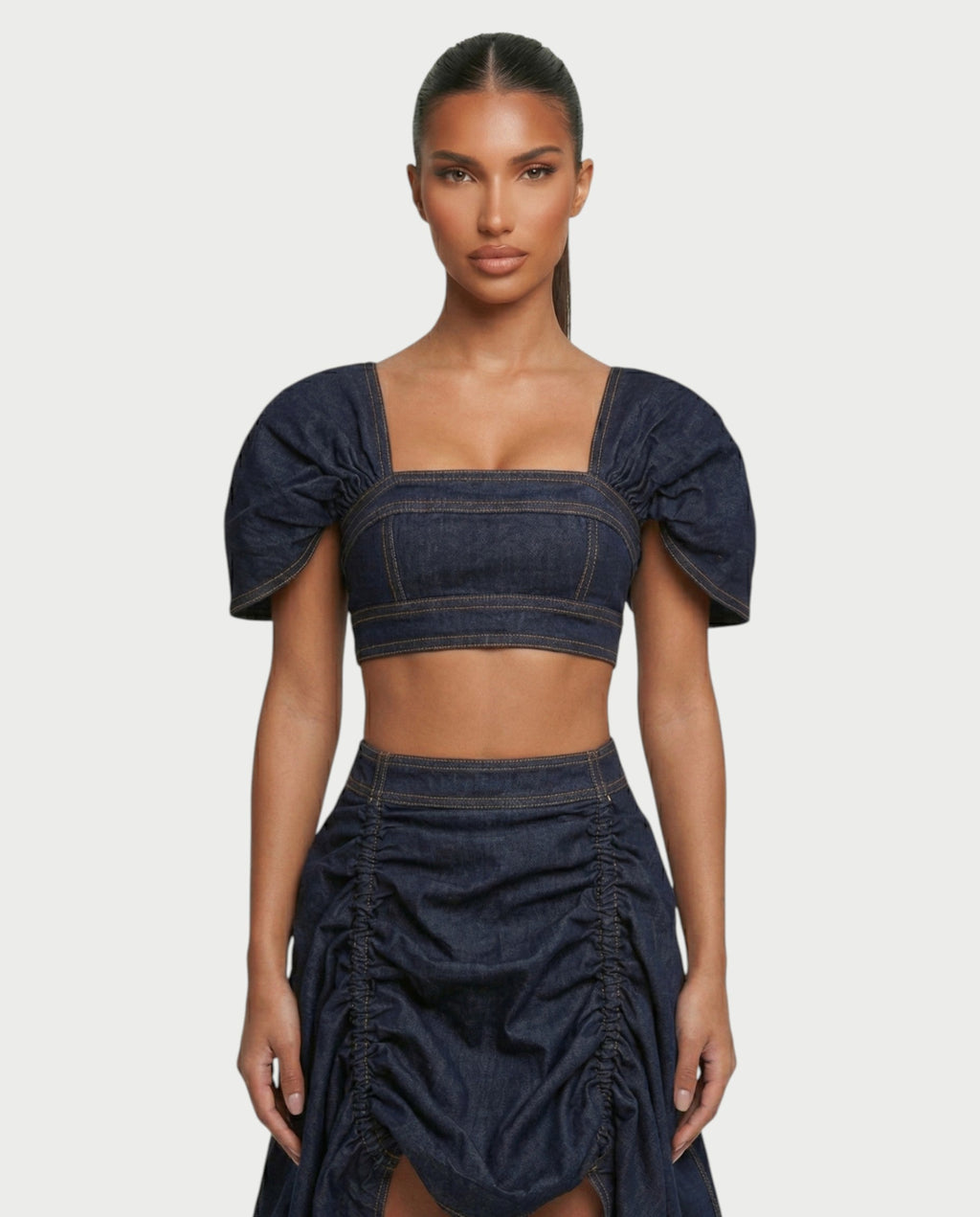 SOWIE Denim Puff Sleeve Top & Ruched Skirt Set