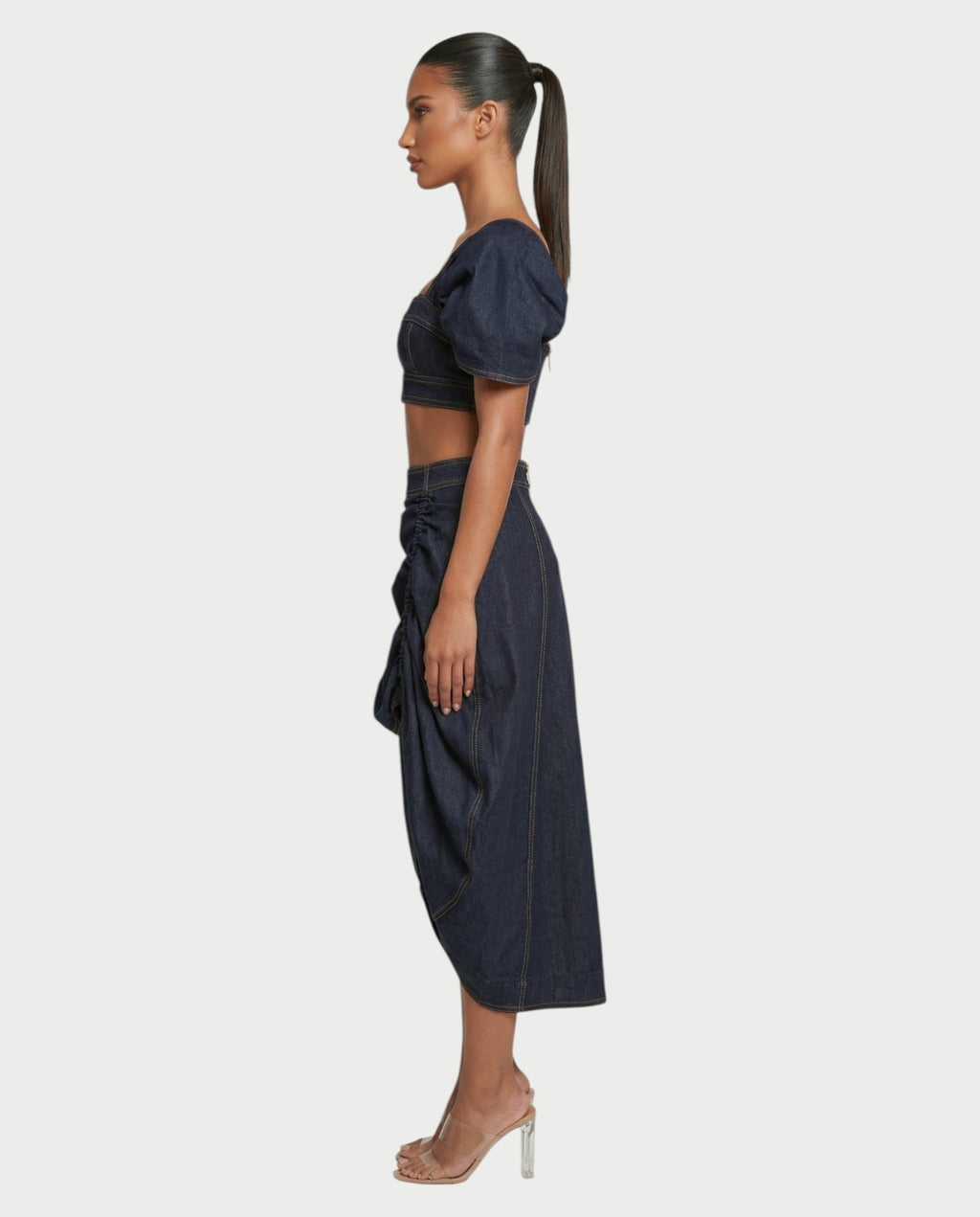 SOWIE Denim Puff Sleeve Top & Ruched Skirt Set