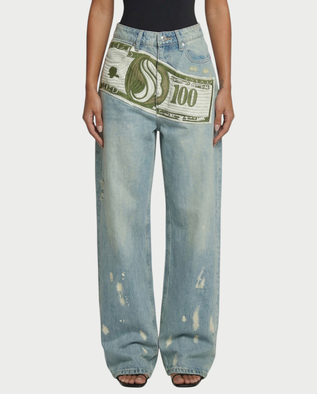 RONEYA Money Print Washed Denim Wide-Leg Pants