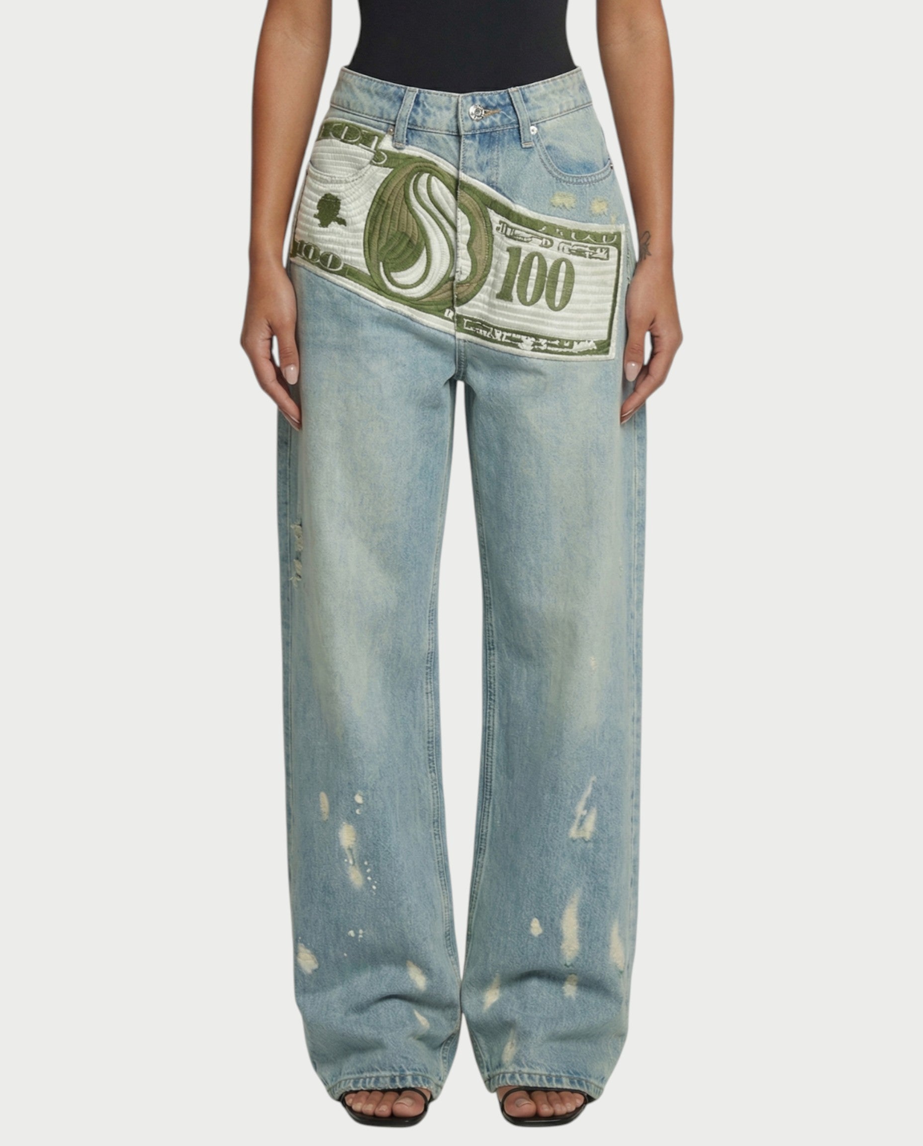 RONEYA Money Print Washed Denim Wide-Leg Pants