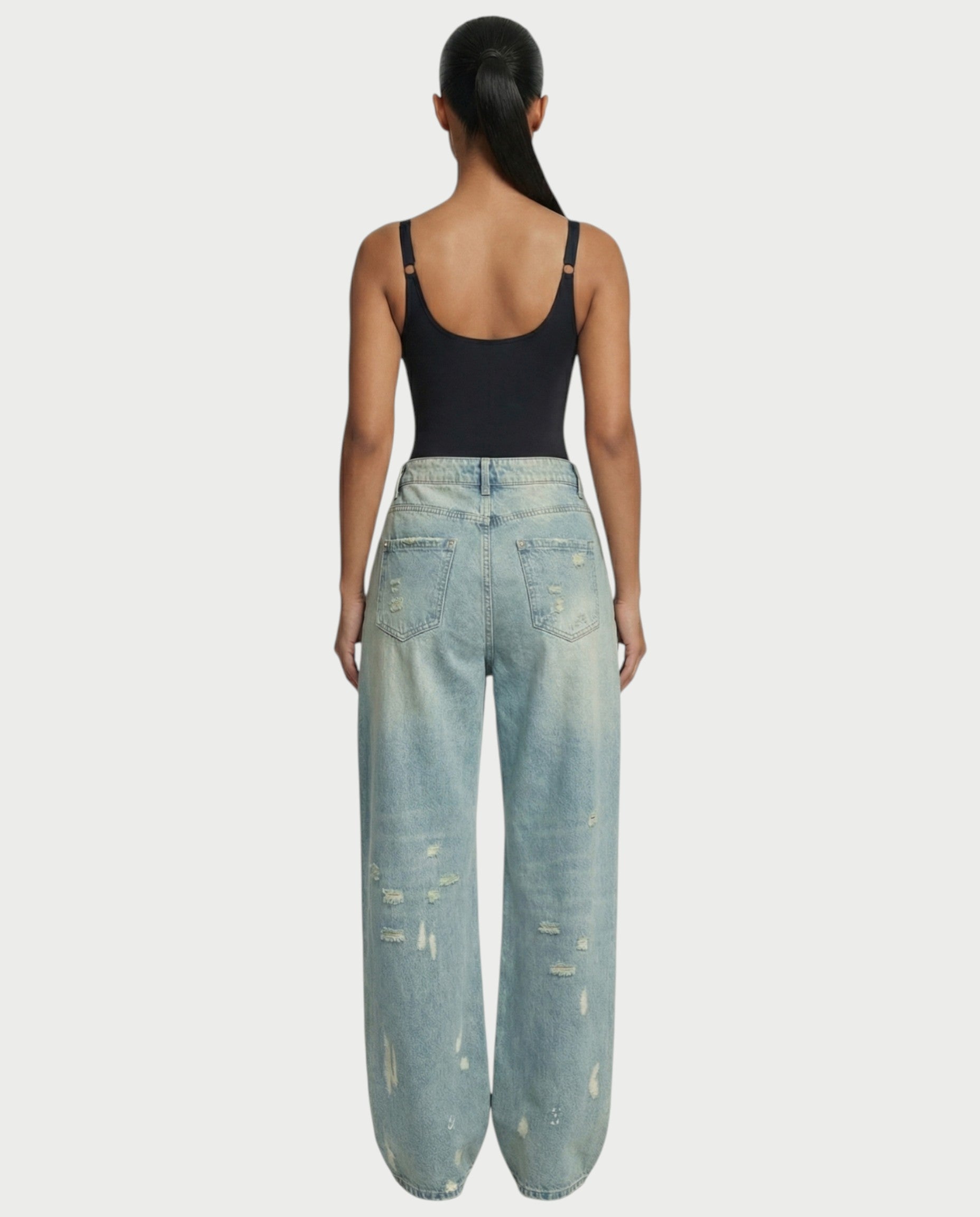 RONEYA Money Print Washed Denim Wide-Leg Pants