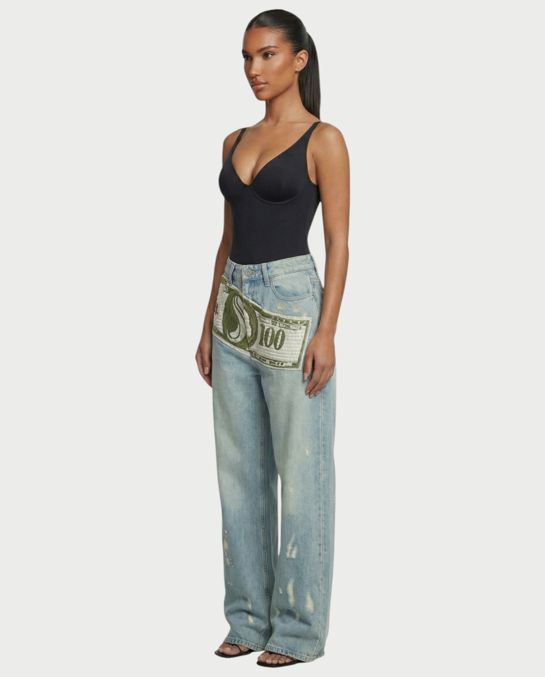 RONEYA Money Print Washed Denim Wide-Leg Pants