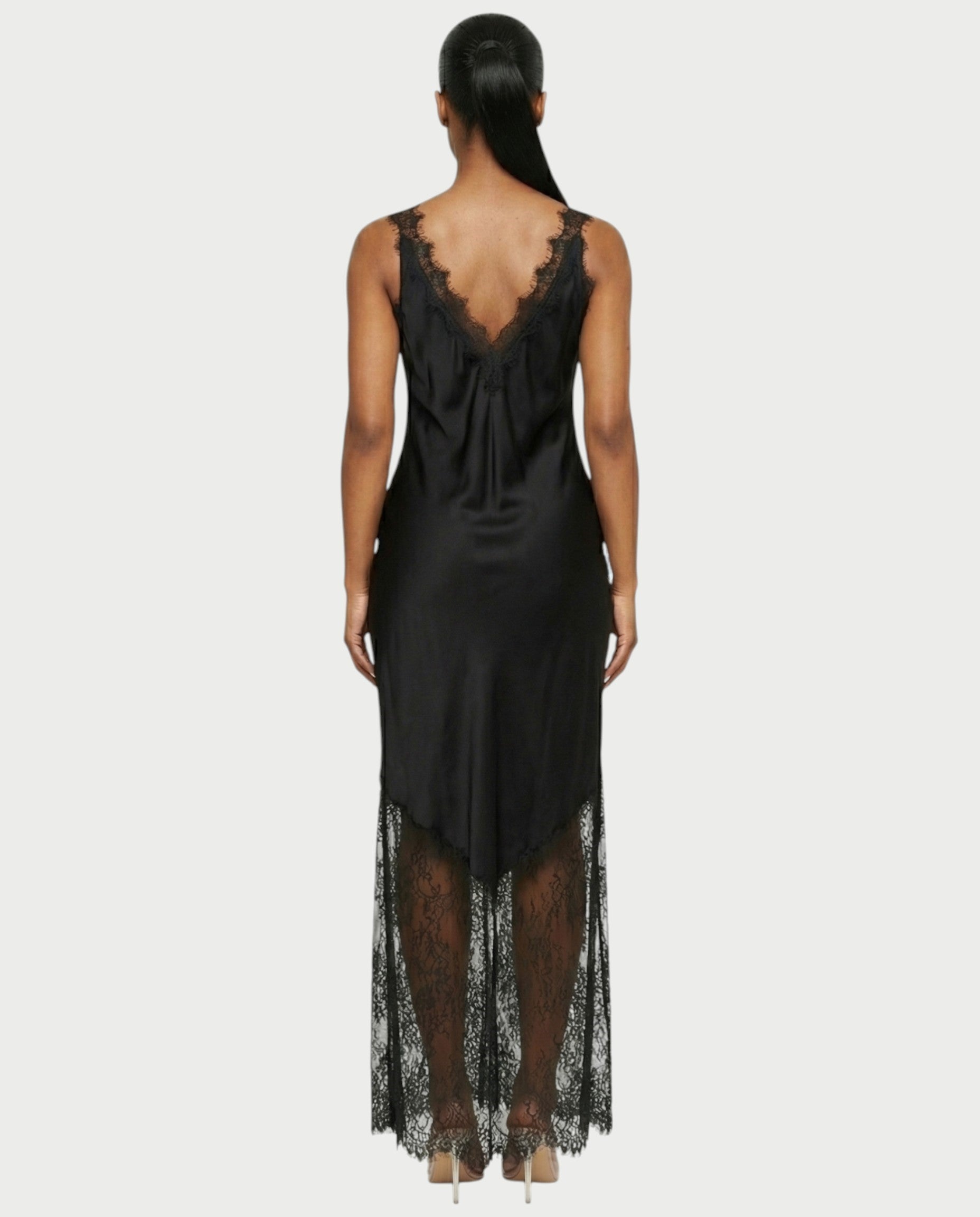 ADELYA Lace Trim Satin Slip Maxi Dress