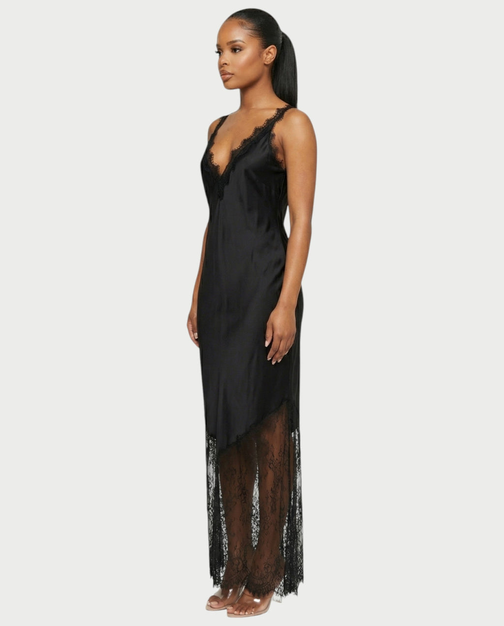 ADELYA Lace Trim Satin Slip Maxi Dress