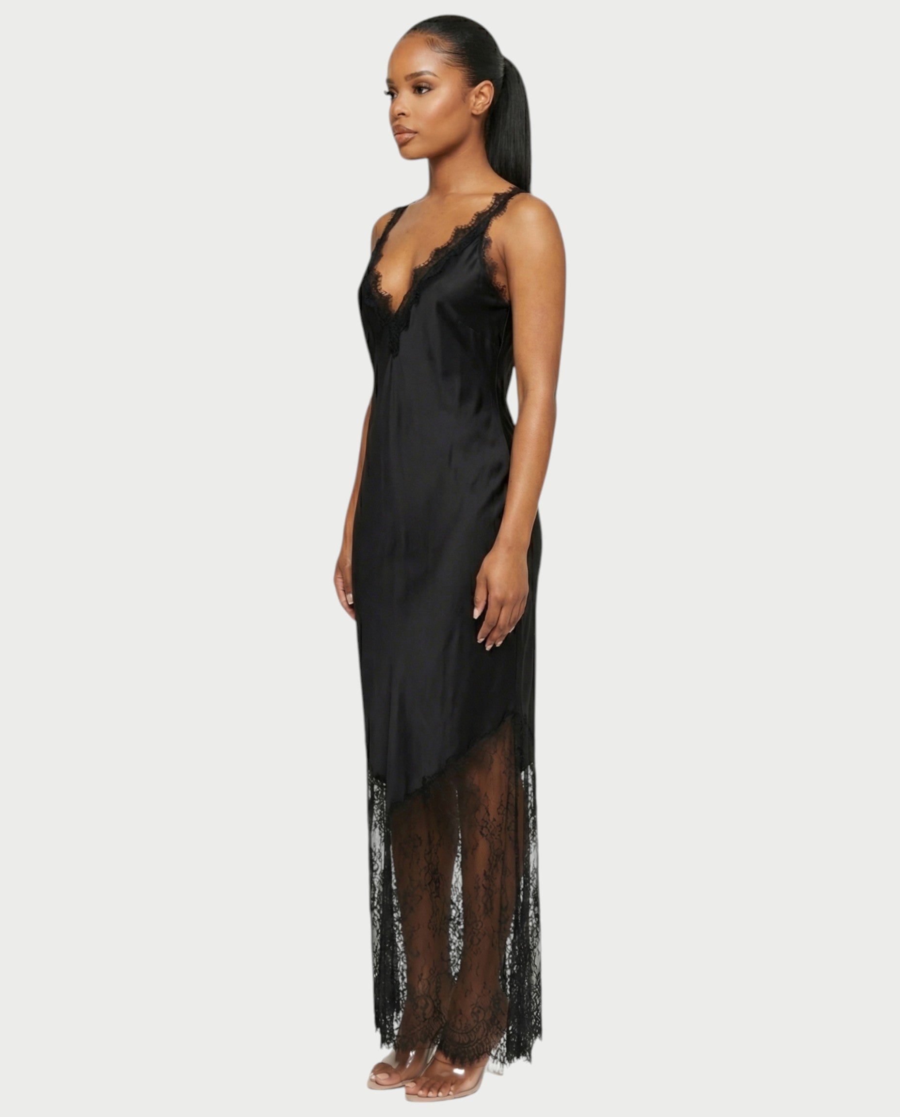 ADELYA Lace Trim Satin Slip Maxi Dress
