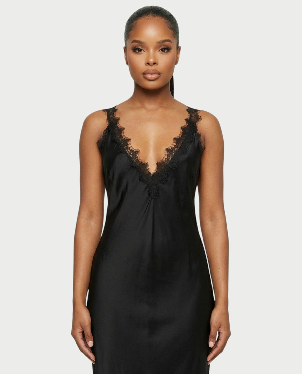 ADELYA Lace Trim Satin Slip Maxi Dress