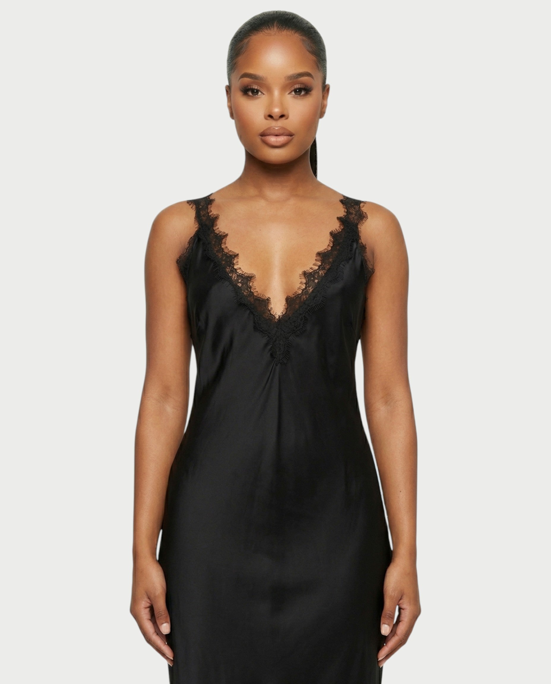 ADELYA Lace Trim Satin Slip Maxi Dress